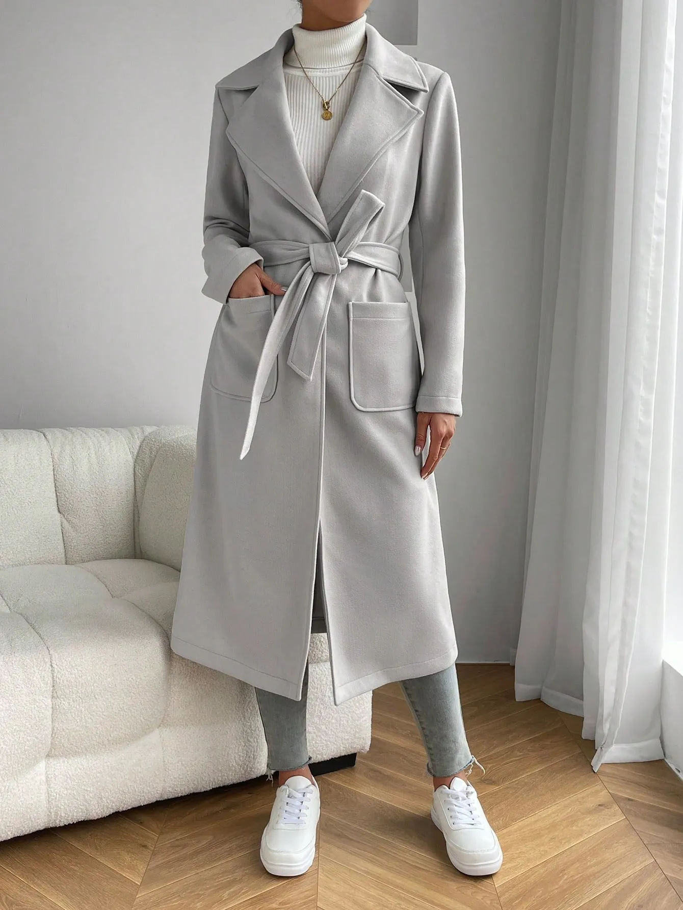 Lapel Neck Dual Pocket Belted Overcoat