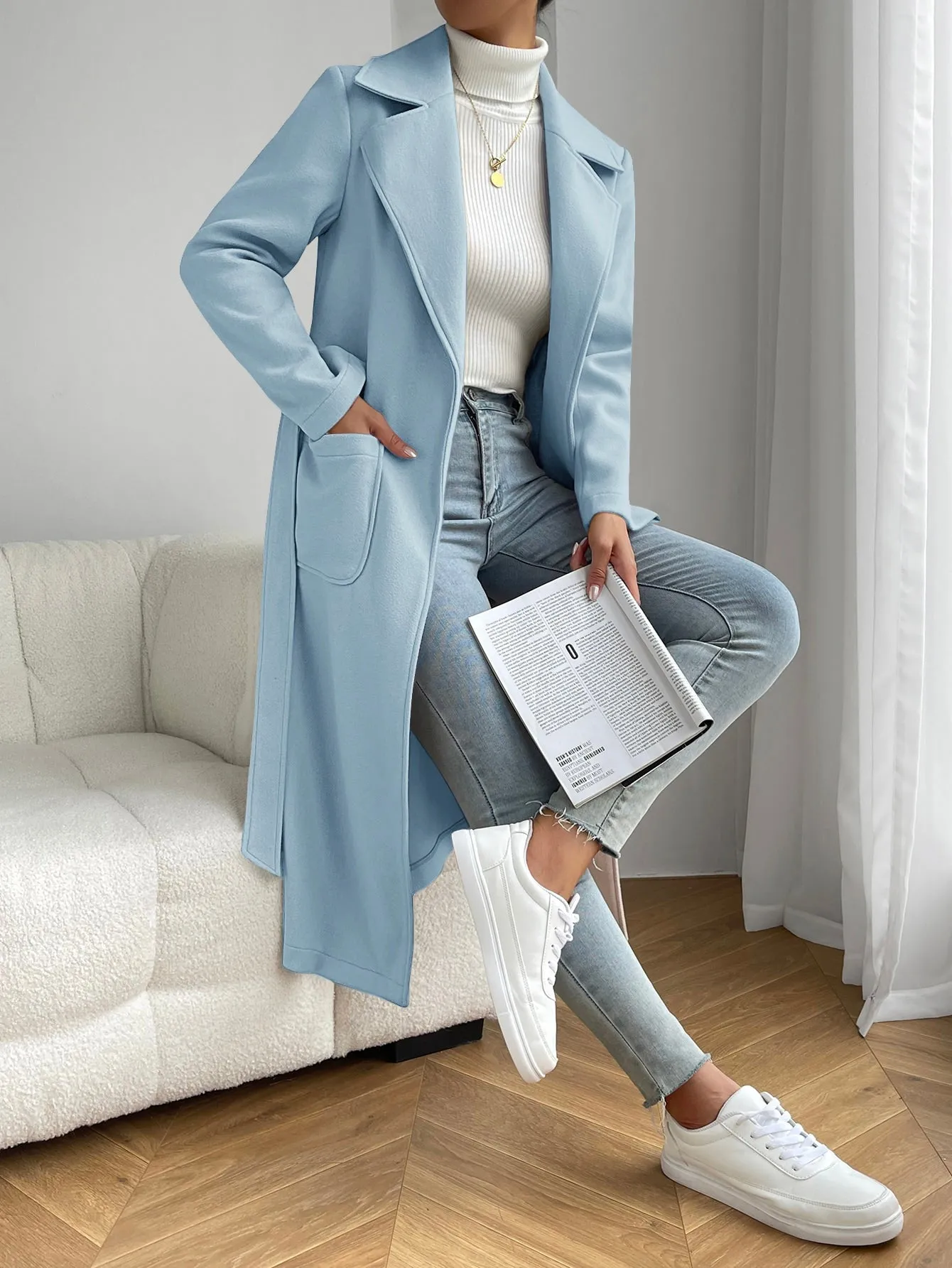 Lapel Neck Dual Pocket Belted Overcoat