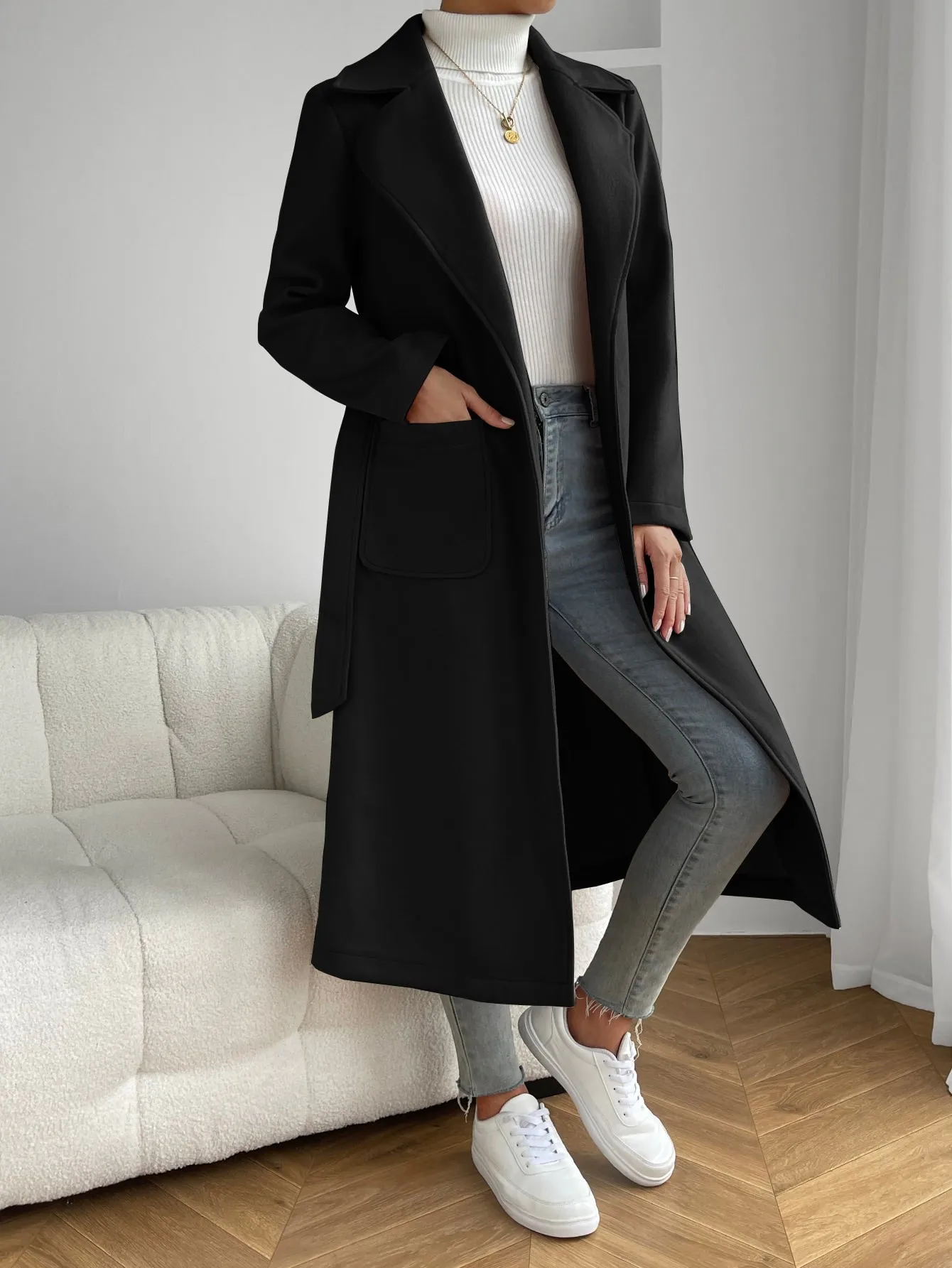 Lapel Neck Dual Pocket Belted Overcoat