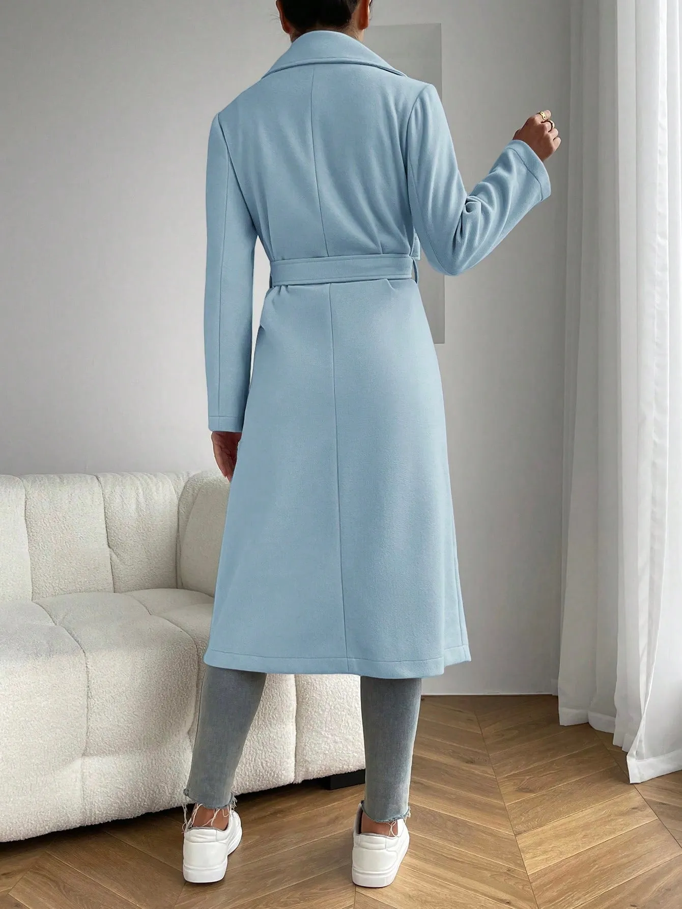 Lapel Neck Dual Pocket Belted Overcoat