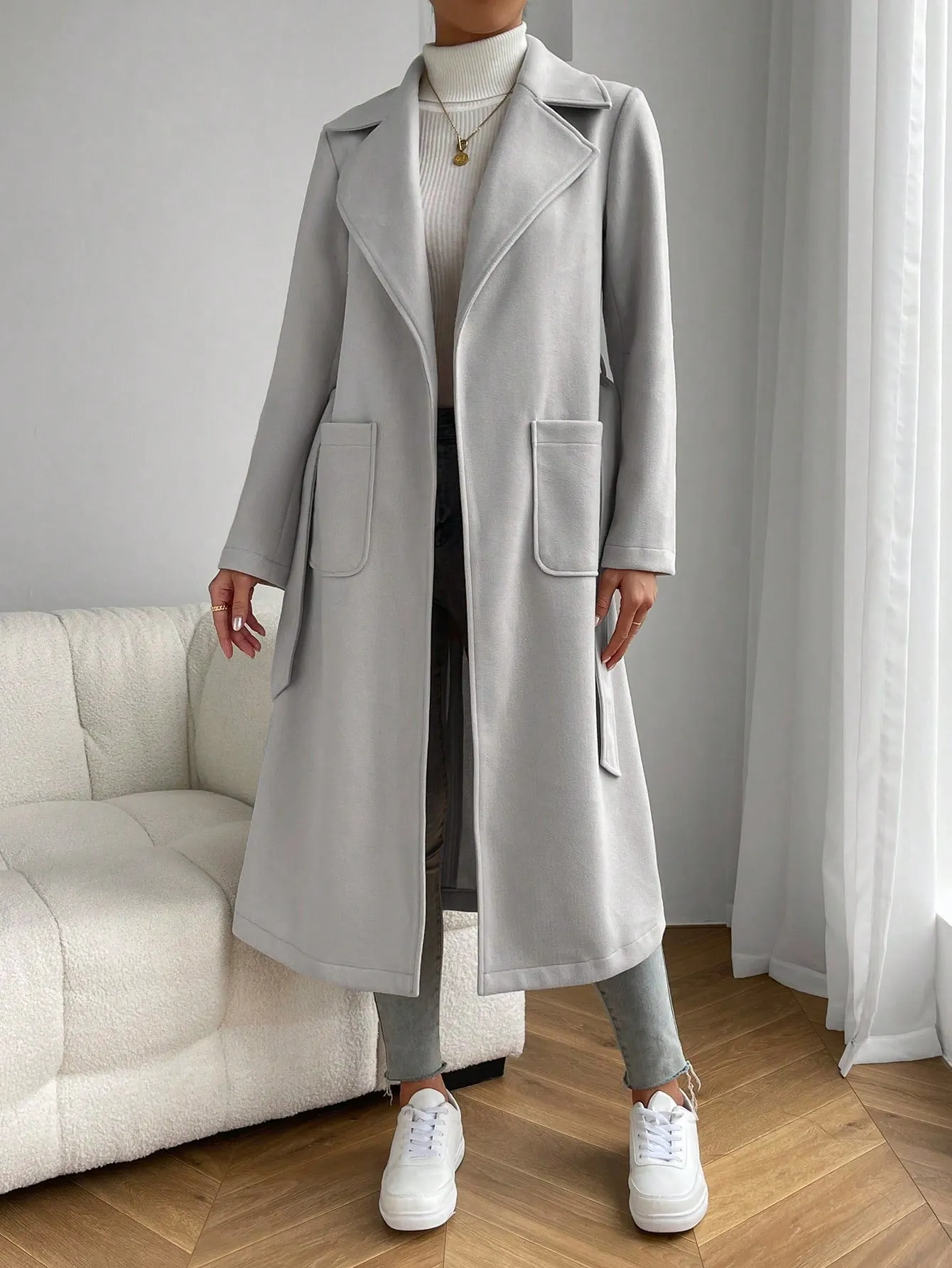Lapel Neck Dual Pocket Belted Overcoat