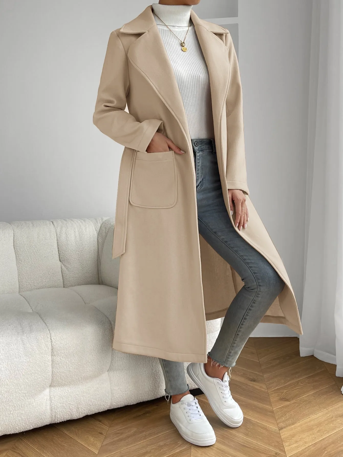 Lapel Neck Dual Pocket Belted Overcoat