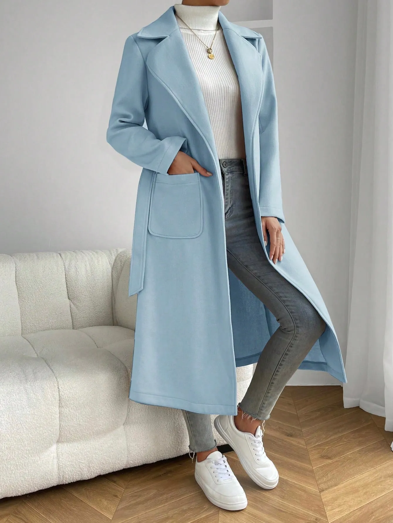 Lapel Neck Dual Pocket Belted Overcoat