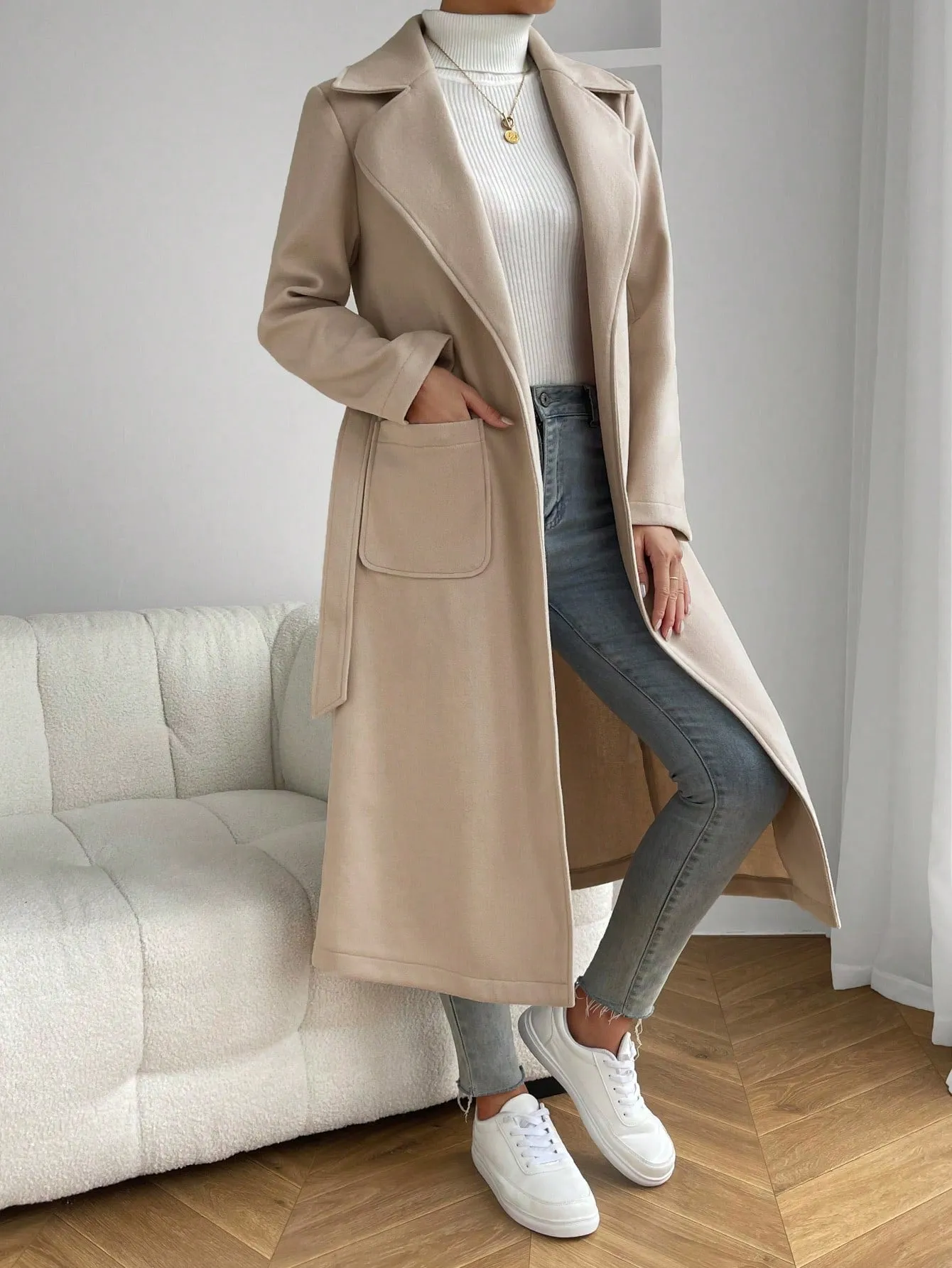 Lapel Neck Dual Pocket Belted Overcoat
