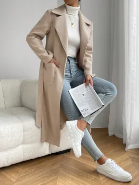 Lapel Neck Dual Pocket Belted Overcoat