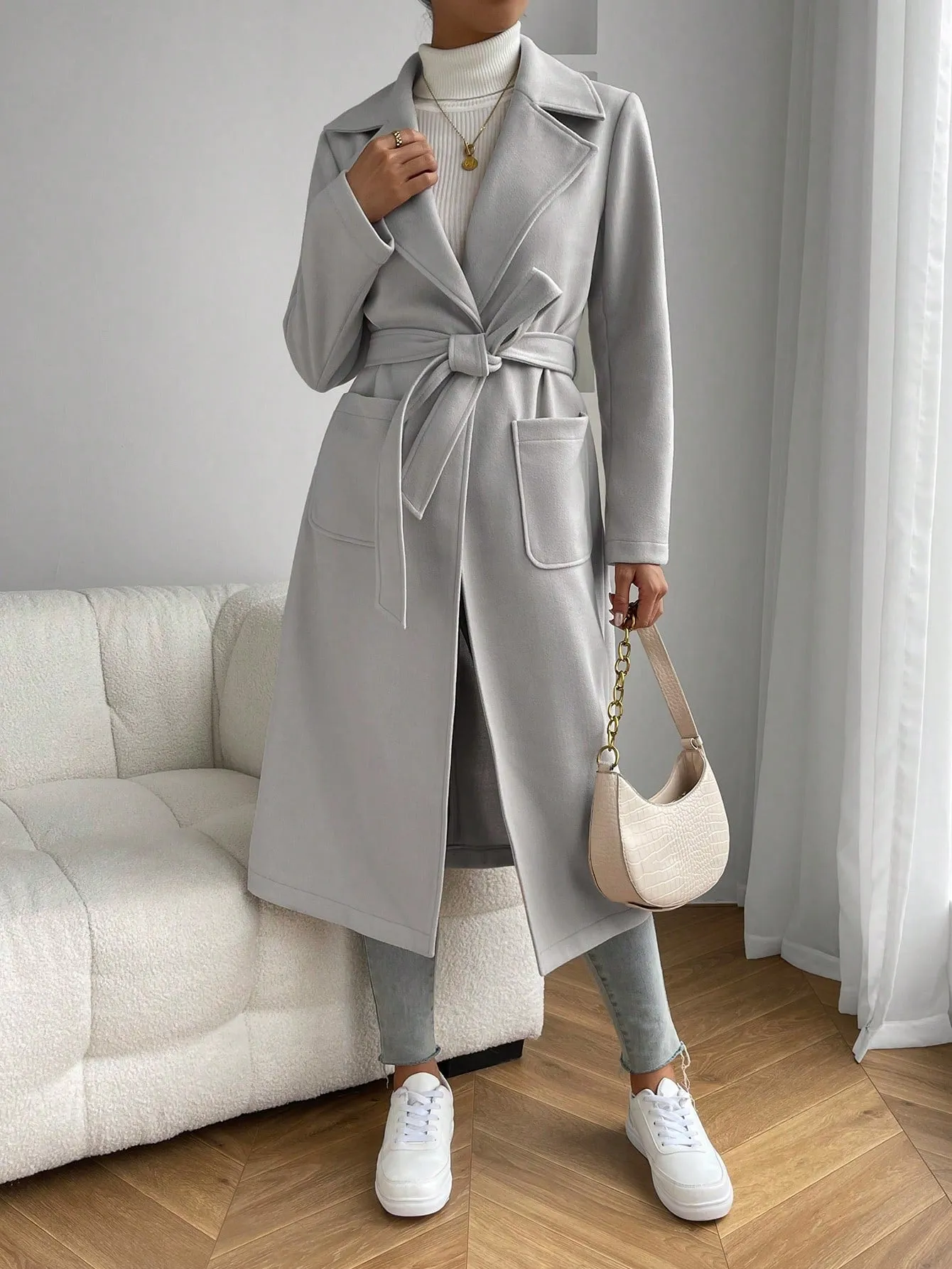 Lapel Neck Dual Pocket Belted Overcoat