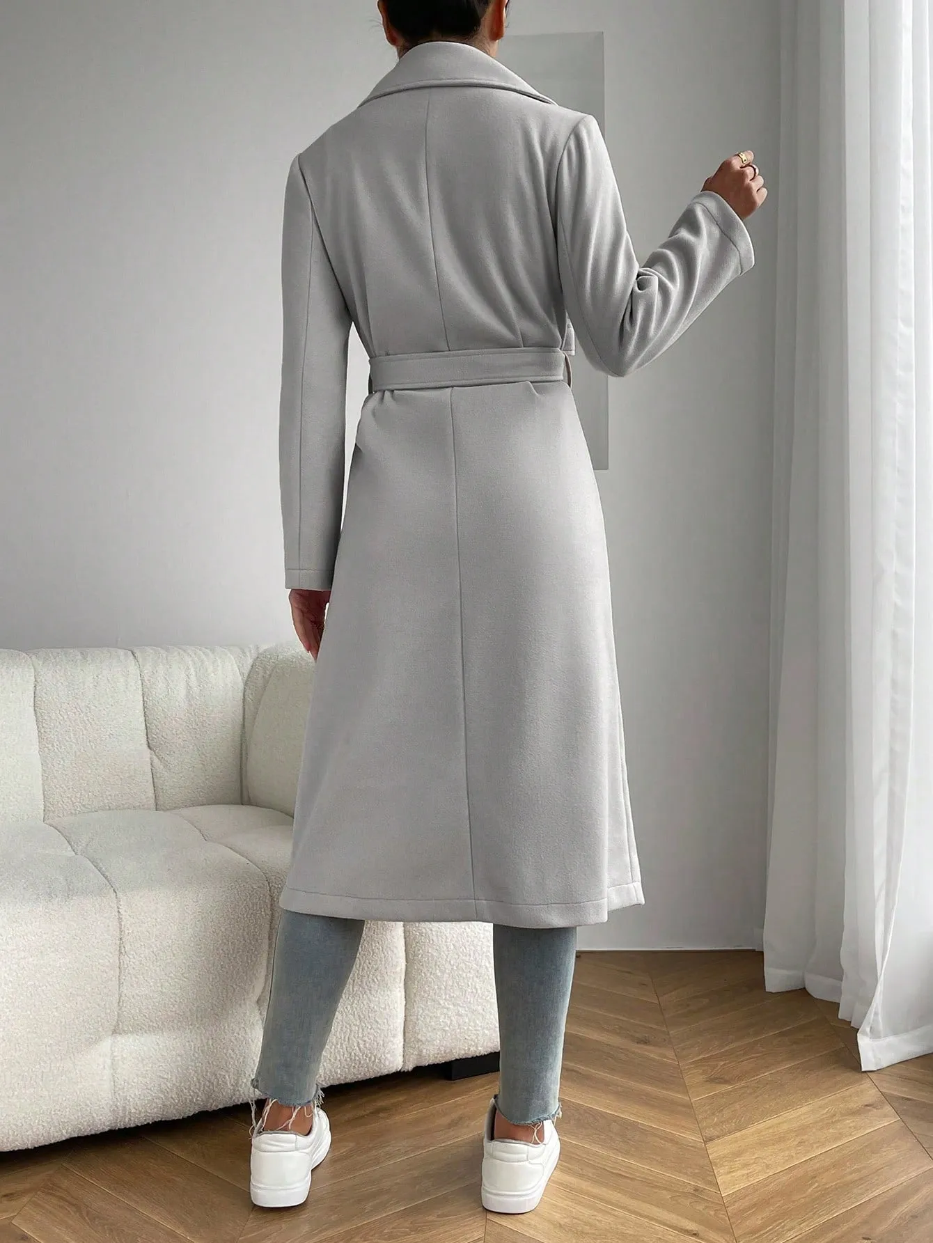 Lapel Neck Dual Pocket Belted Overcoat
