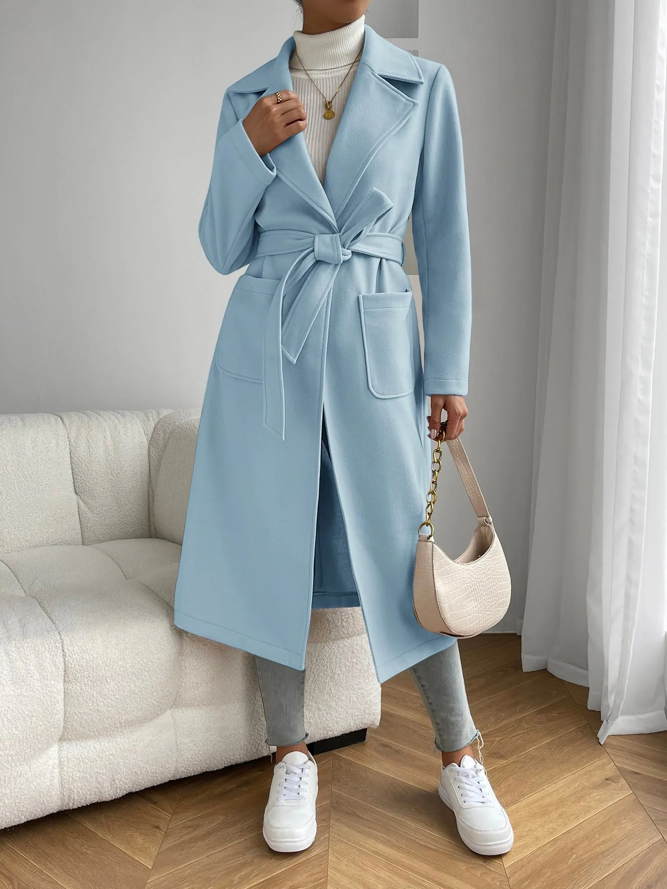 Lapel Neck Dual Pocket Belted Overcoat