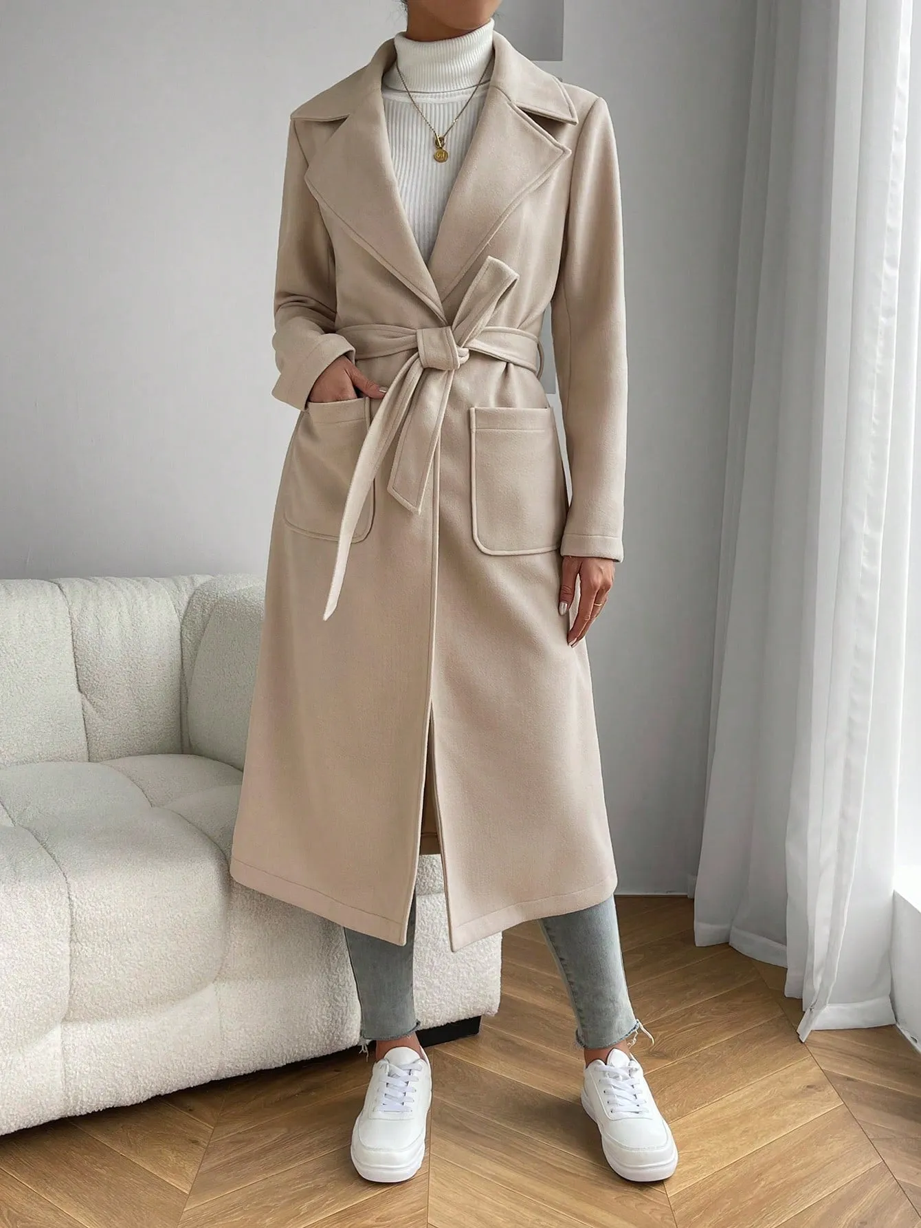 Lapel Neck Dual Pocket Belted Overcoat