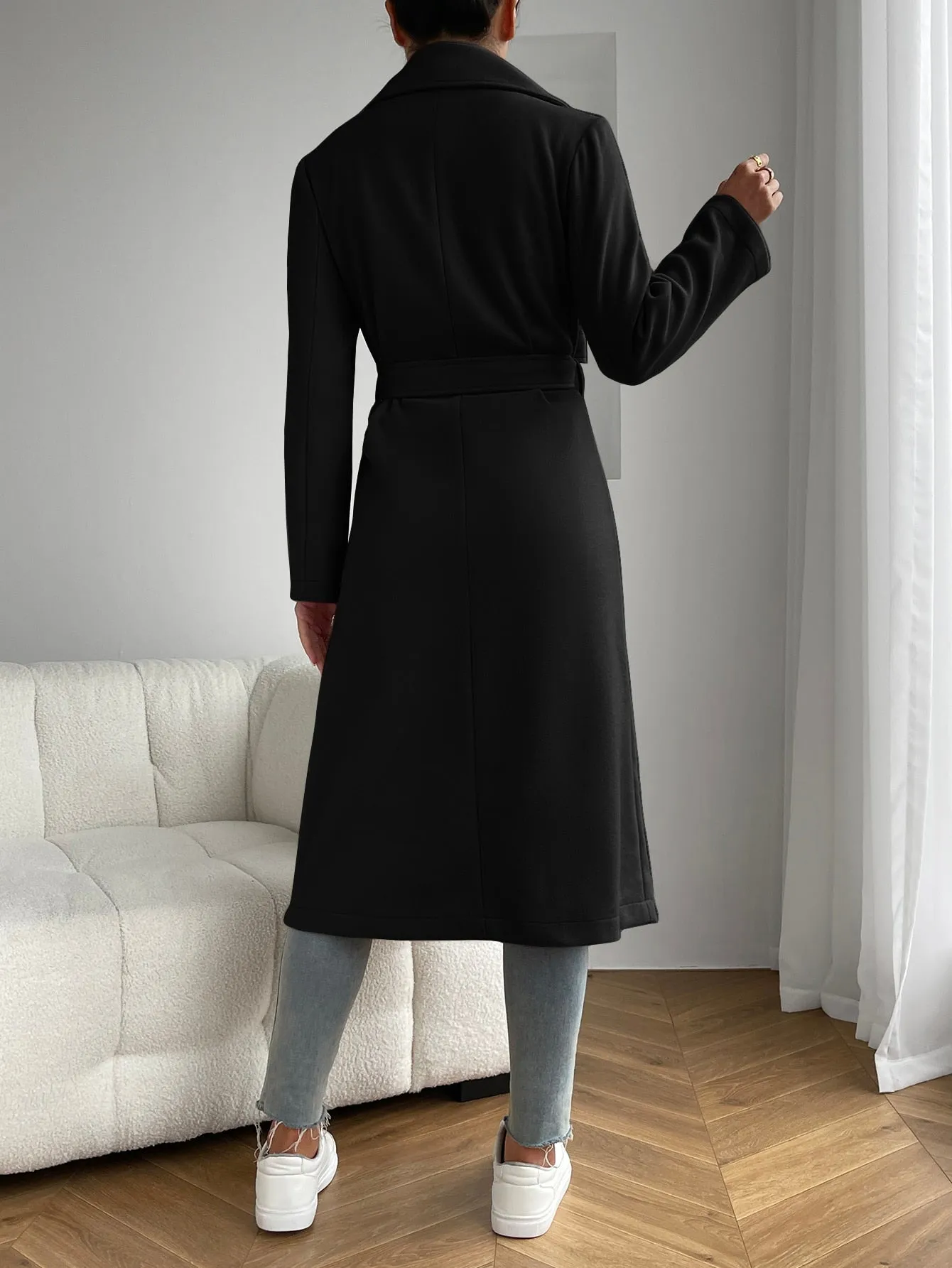 Lapel Neck Dual Pocket Belted Overcoat