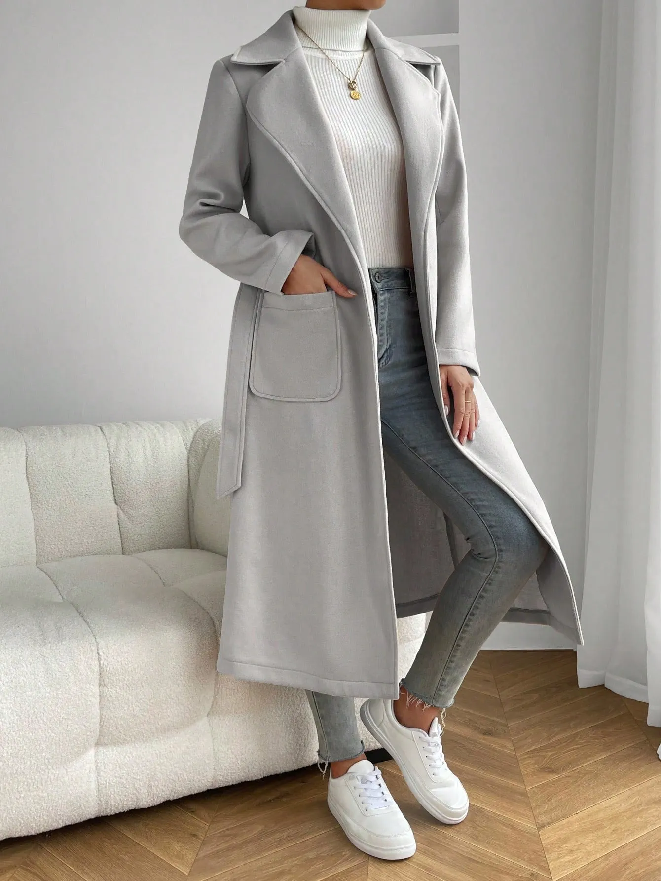 Lapel Neck Dual Pocket Belted Overcoat