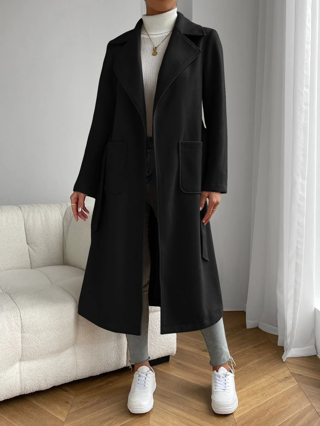 Lapel Neck Dual Pocket Belted Overcoat