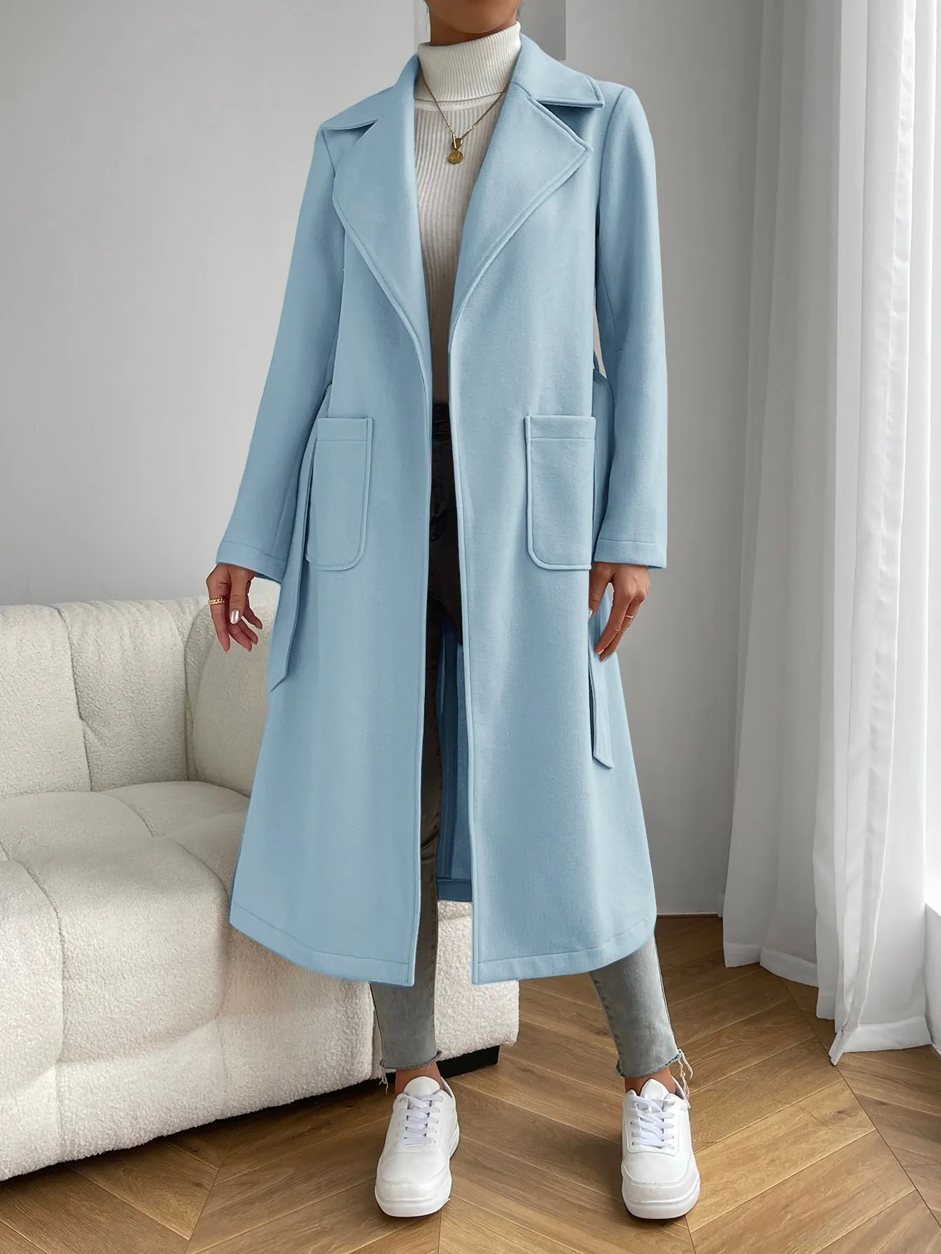 Lapel Neck Dual Pocket Belted Overcoat