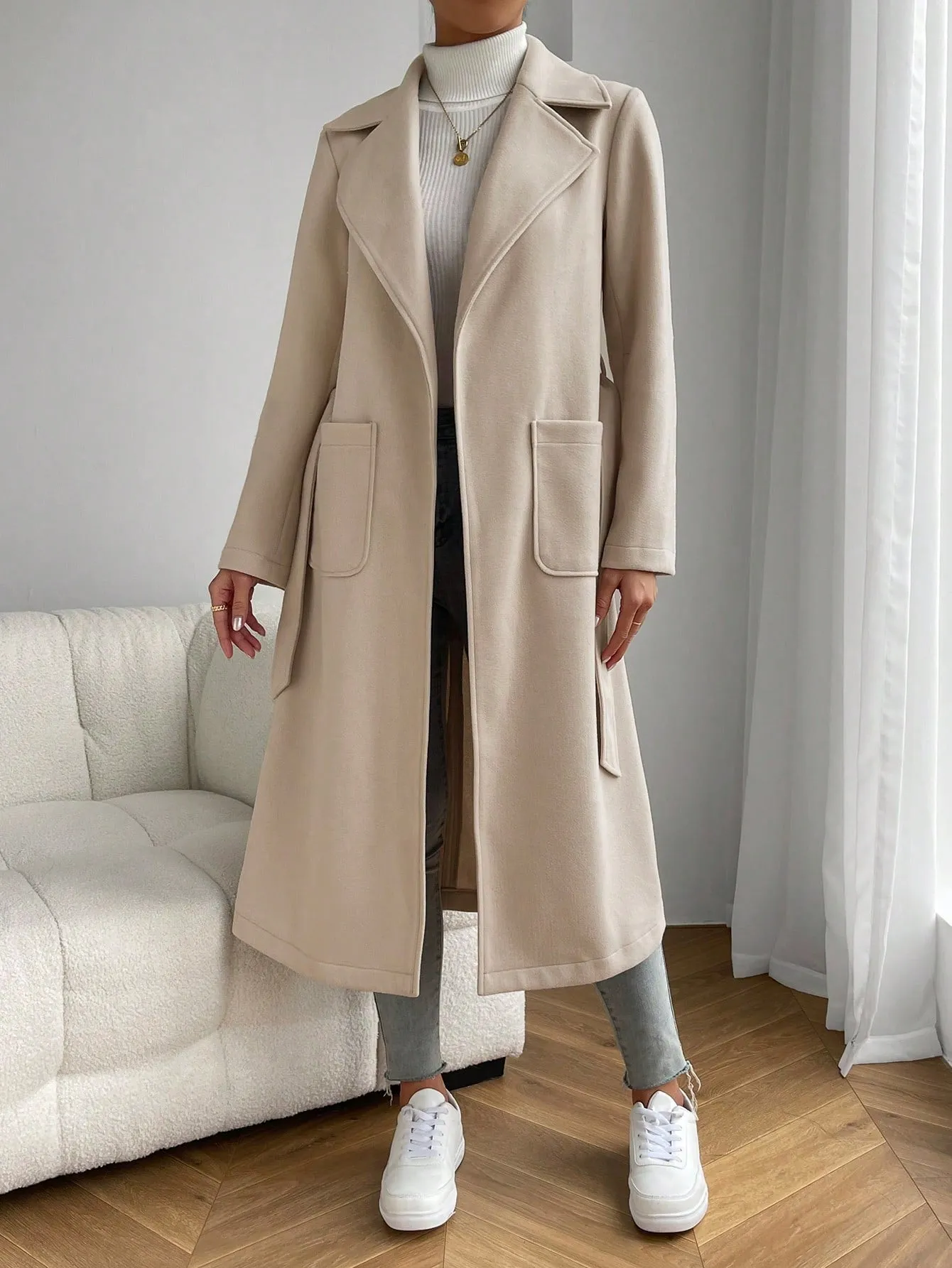 Lapel Neck Dual Pocket Belted Overcoat