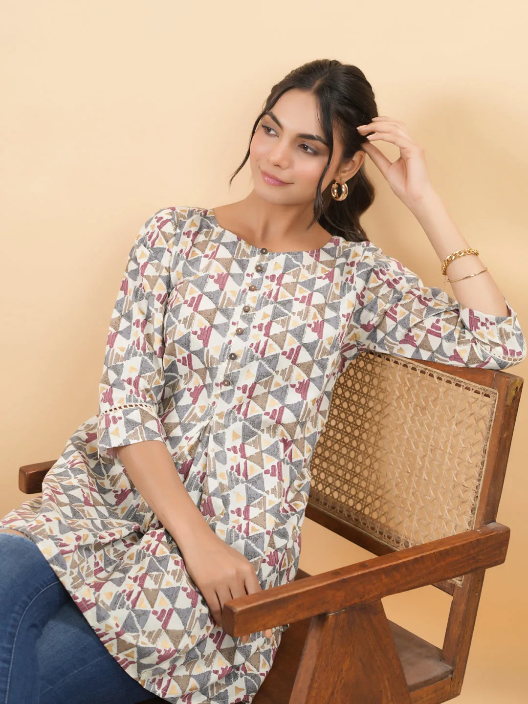 Off White Cotton Geometric Tunic
