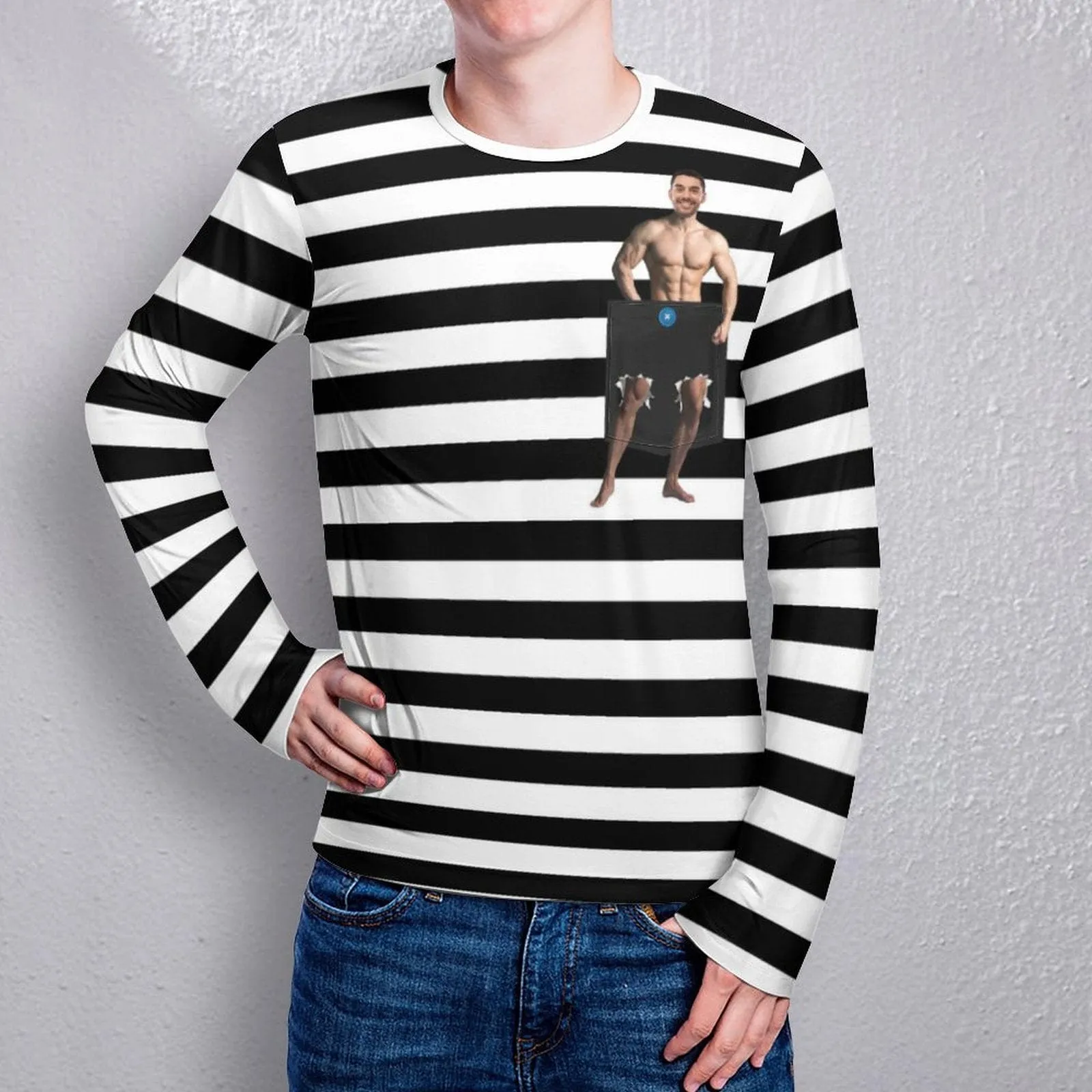 #Pocket Sweatshirt Custom Face Black and White Stripes Loose Sweatshirt Personalized Face Loose Sweatshirt With Pocket