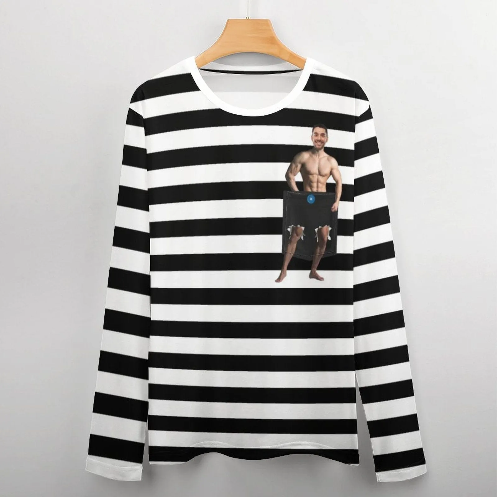 #Pocket Sweatshirt Custom Face Black and White Stripes Loose Sweatshirt Personalized Face Loose Sweatshirt With Pocket
