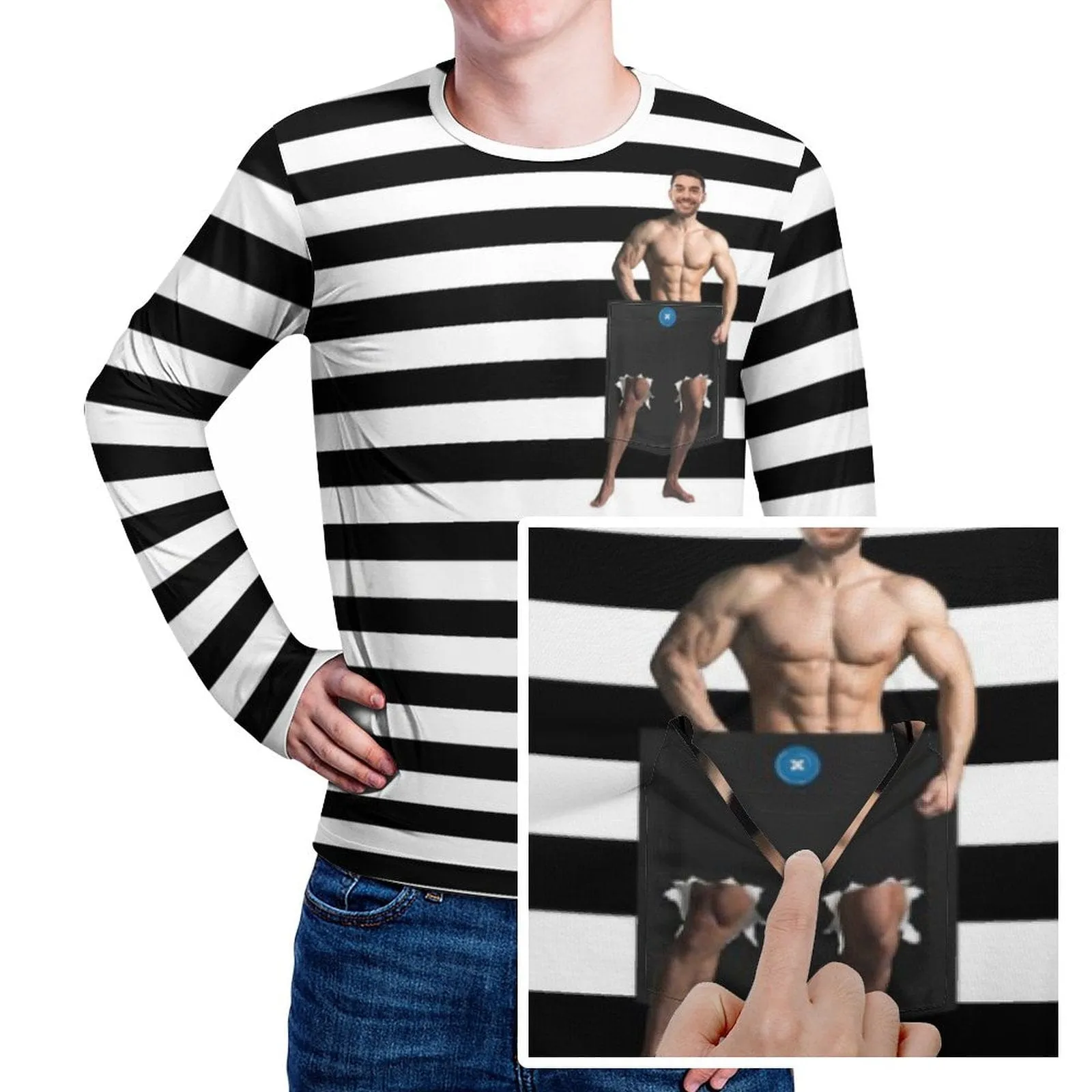 #Pocket Sweatshirt Custom Face Black and White Stripes Loose Sweatshirt Personalized Face Loose Sweatshirt With Pocket