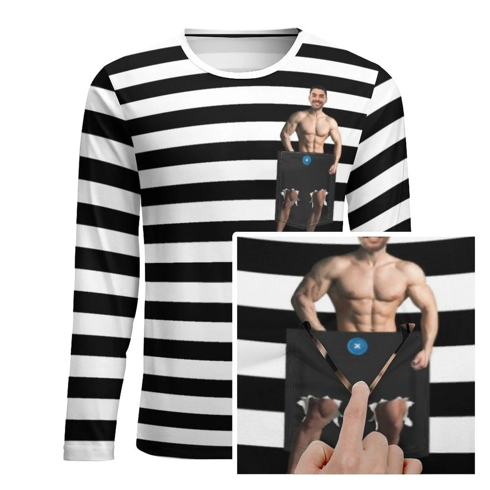 #Pocket Sweatshirt Custom Face Black and White Stripes Loose Sweatshirt Personalized Face Loose Sweatshirt With Pocket