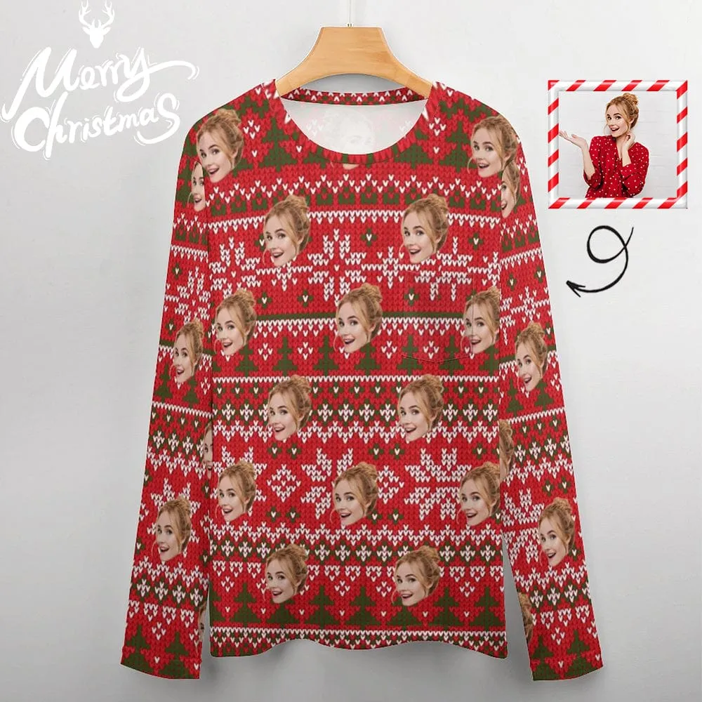 #Pocket Sweatshirt Personalized Face Red BackgroundTree Snowflake Ugly Men's Christmas Sweatshirts, Gift For Christmas Custom face Sweatshirt, Ugly Couple Sweatshirts