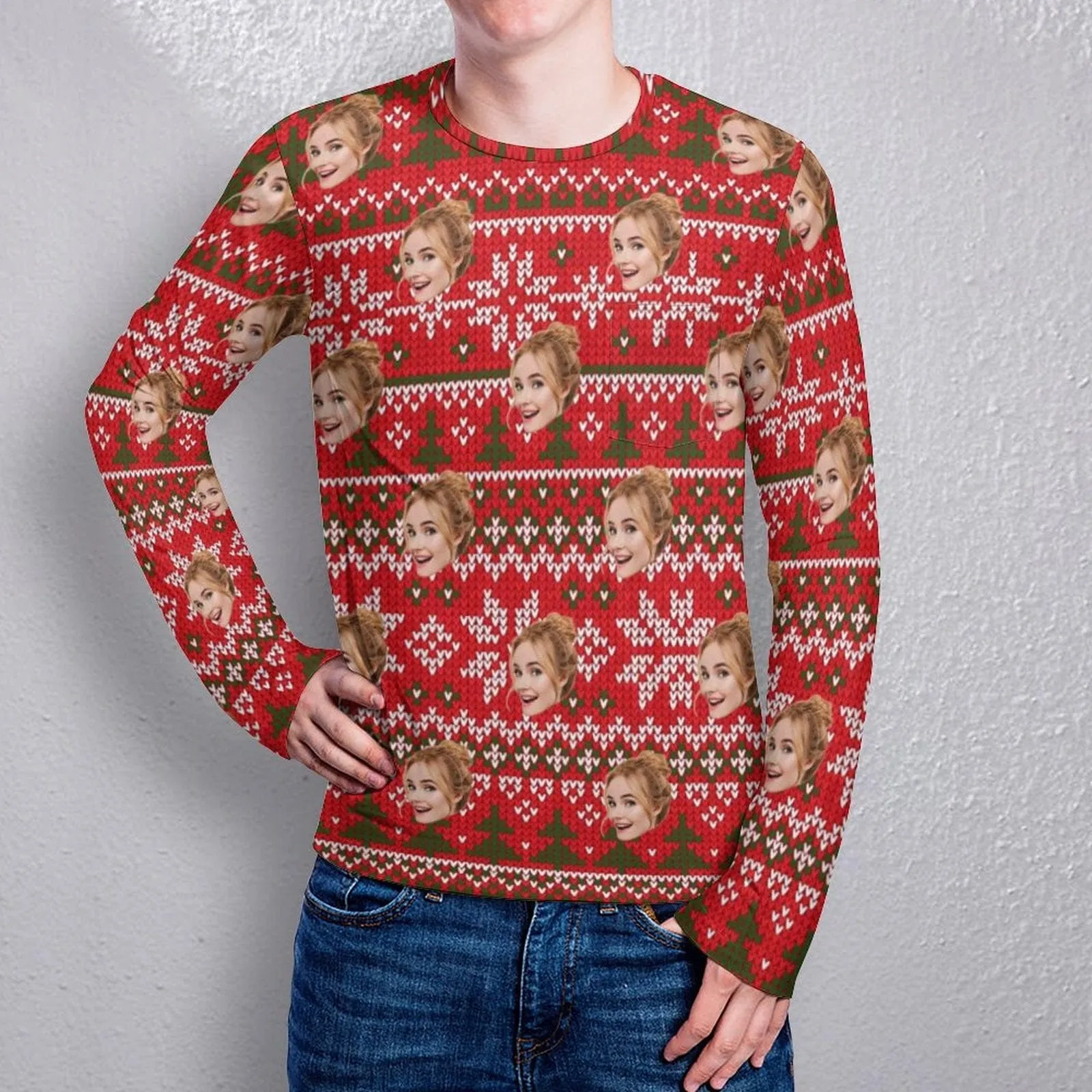 #Pocket Sweatshirt Personalized Face Red BackgroundTree Snowflake Ugly Men's Christmas Sweatshirts, Gift For Christmas Custom face Sweatshirt, Ugly Couple Sweatshirts