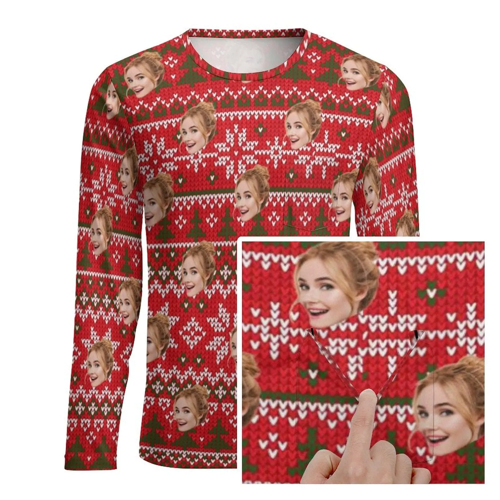 #Pocket Sweatshirt Personalized Face Red BackgroundTree Snowflake Ugly Men's Christmas Sweatshirts, Gift For Christmas Custom face Sweatshirt, Ugly Couple Sweatshirts