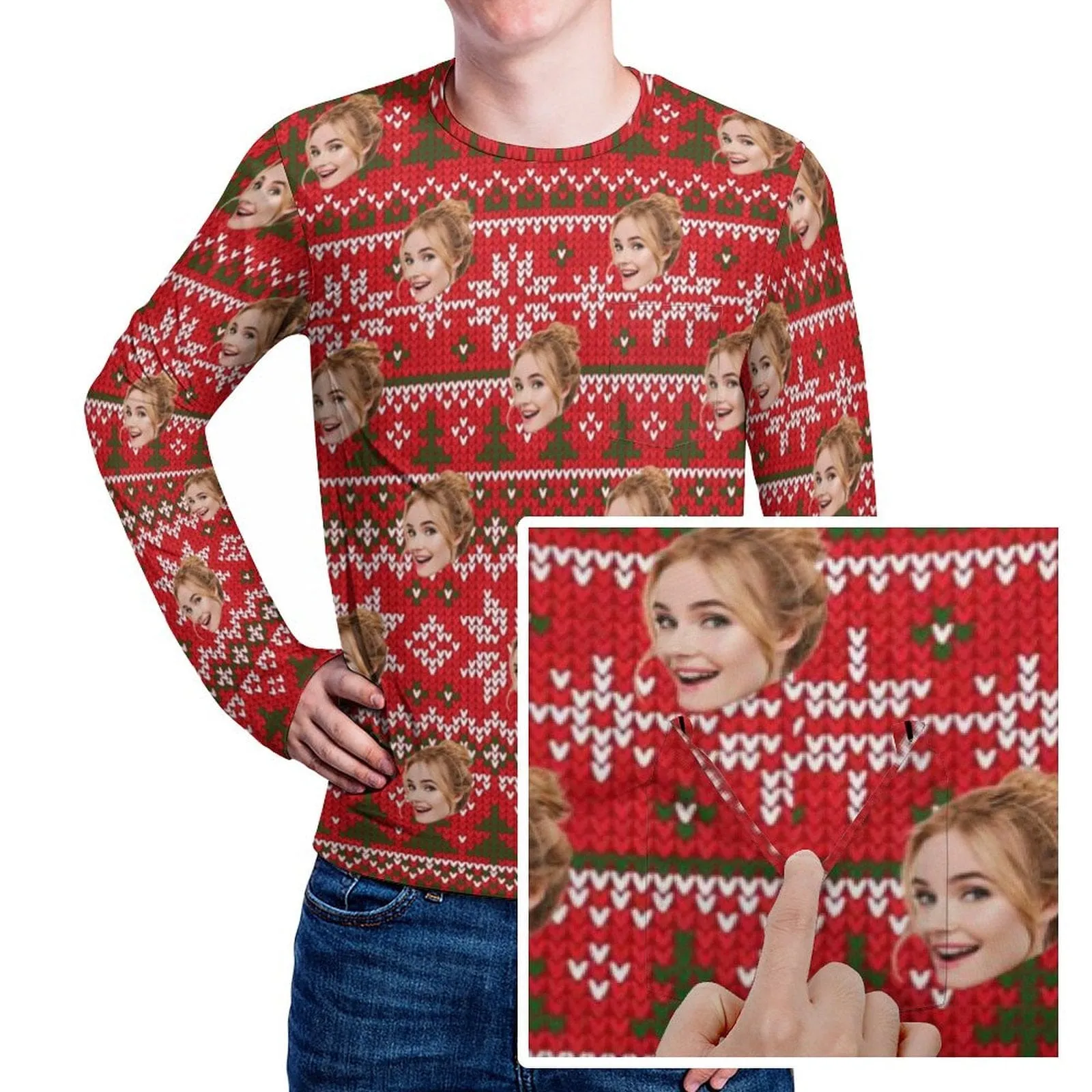#Pocket Sweatshirt Personalized Face Red BackgroundTree Snowflake Ugly Men's Christmas Sweatshirts, Gift For Christmas Custom face Sweatshirt, Ugly Couple Sweatshirts