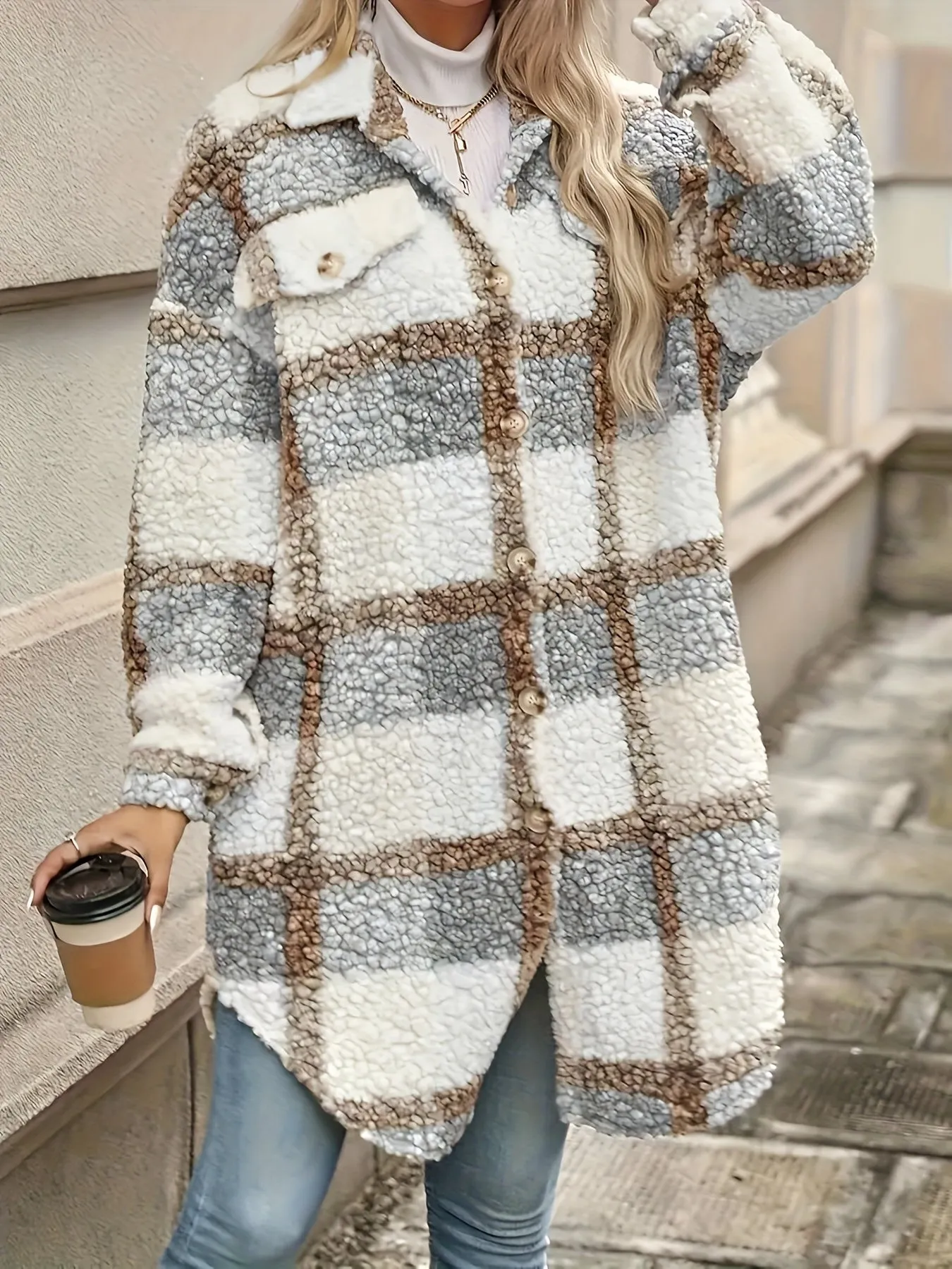 Purpdrank Plaid Fuzzy Jacket with Button Front - Cozy Long Sleeve Lapel Overcoat for Women, Perfect for Fall/Winter