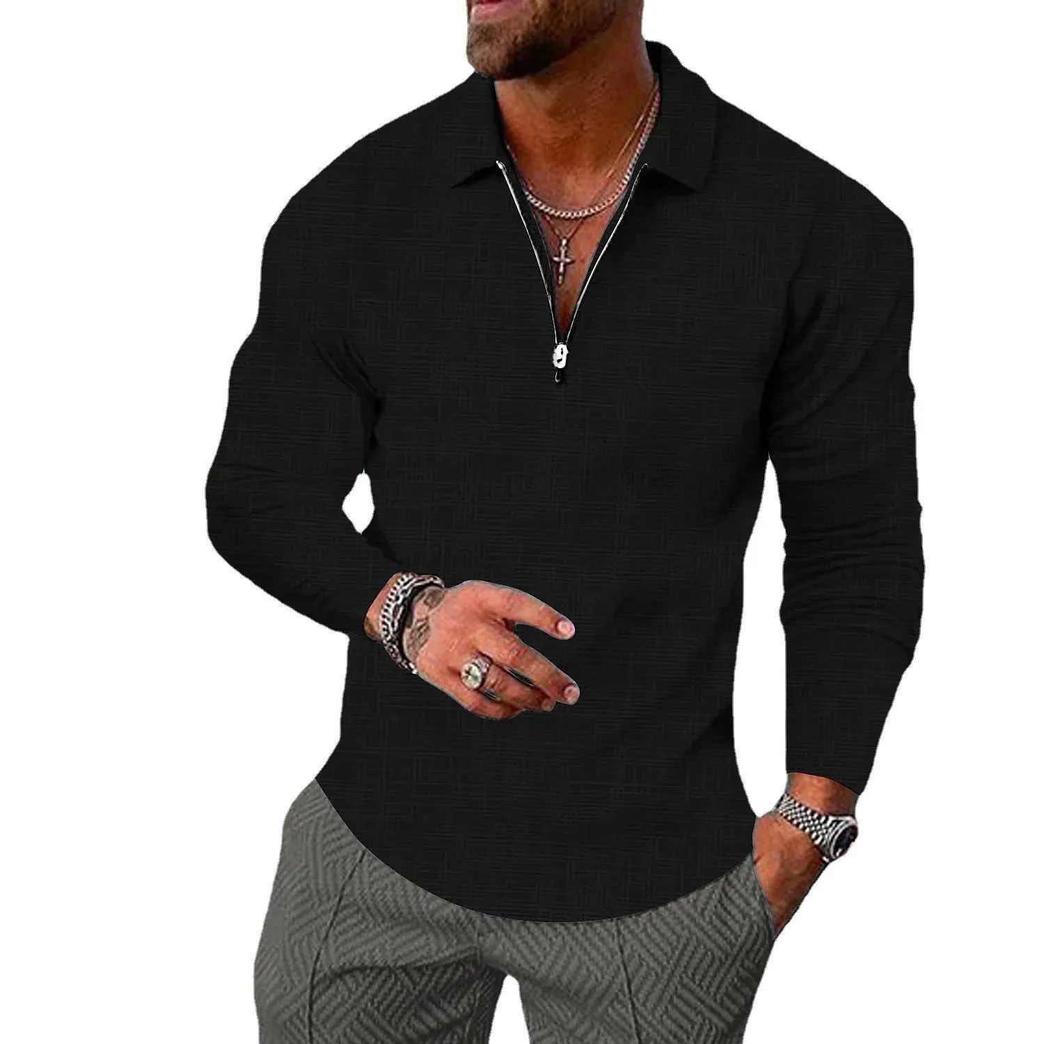 Riolio Spring Men's plus Size S-5XL British Style Casual Polo Long Sleeve Solid Color