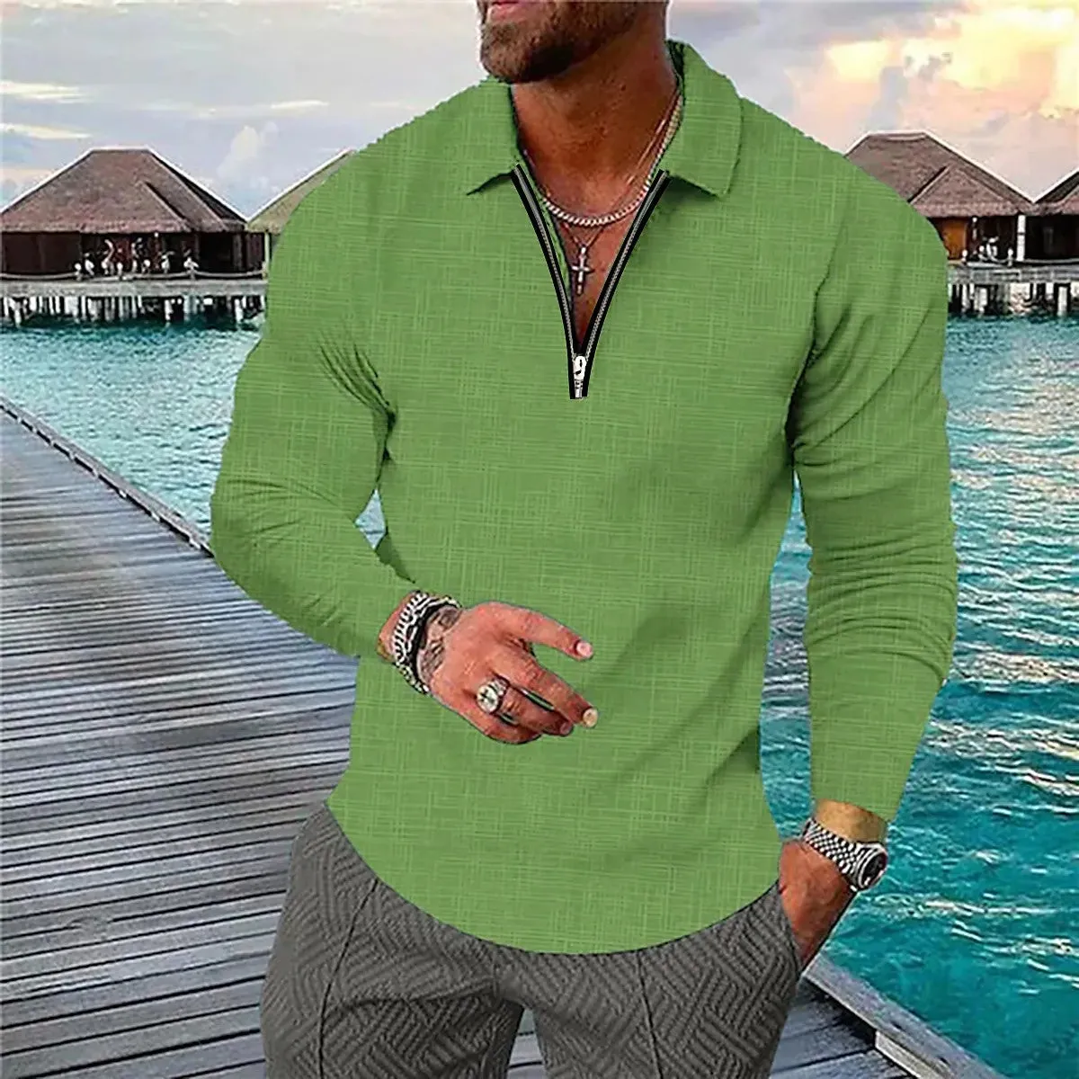 Riolio Spring Men's plus Size S-5XL British Style Casual Polo Long Sleeve Solid Color