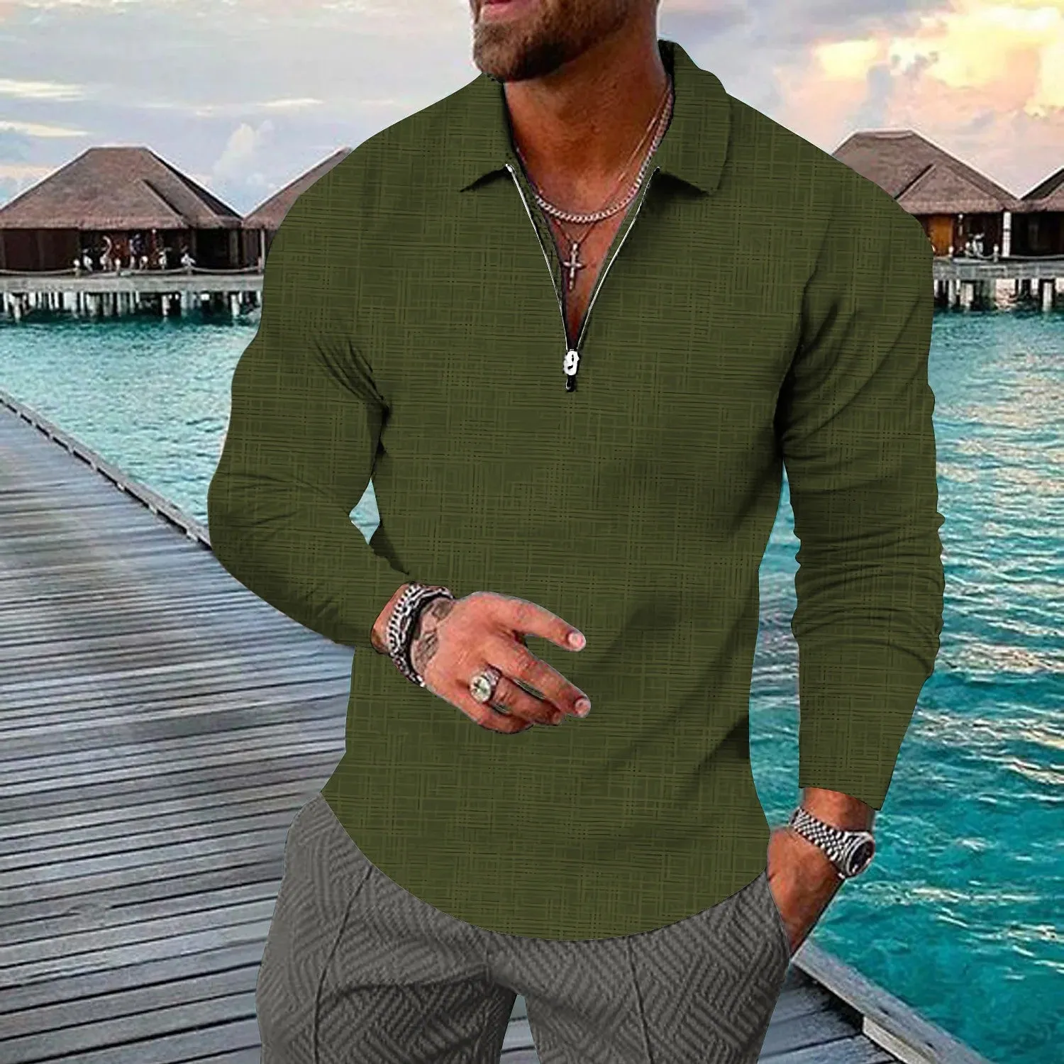 Riolio Spring Men's plus Size S-5XL British Style Casual Polo Long Sleeve Solid Color