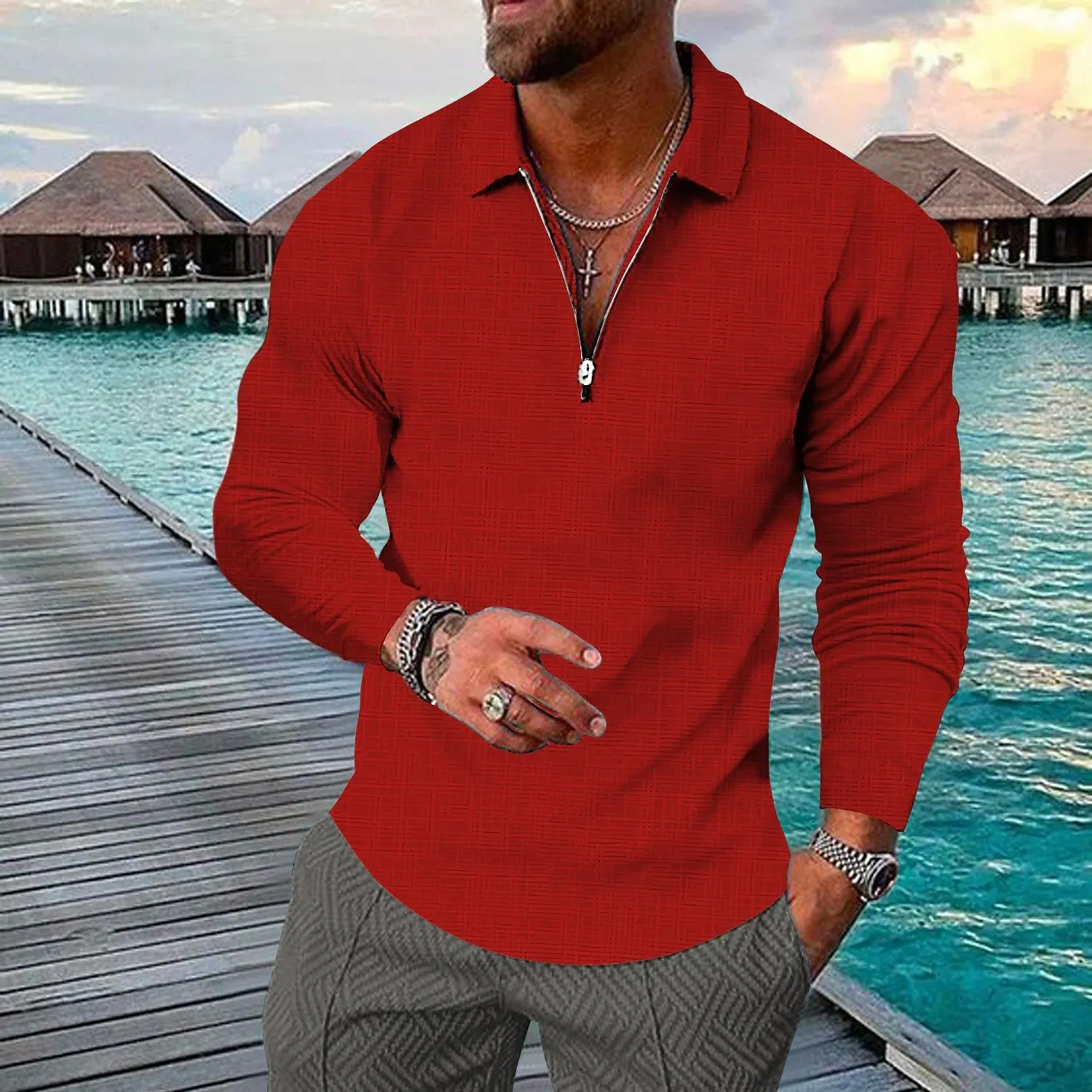 Riolio Spring Men's plus Size S-5XL British Style Casual Polo Long Sleeve Solid Color
