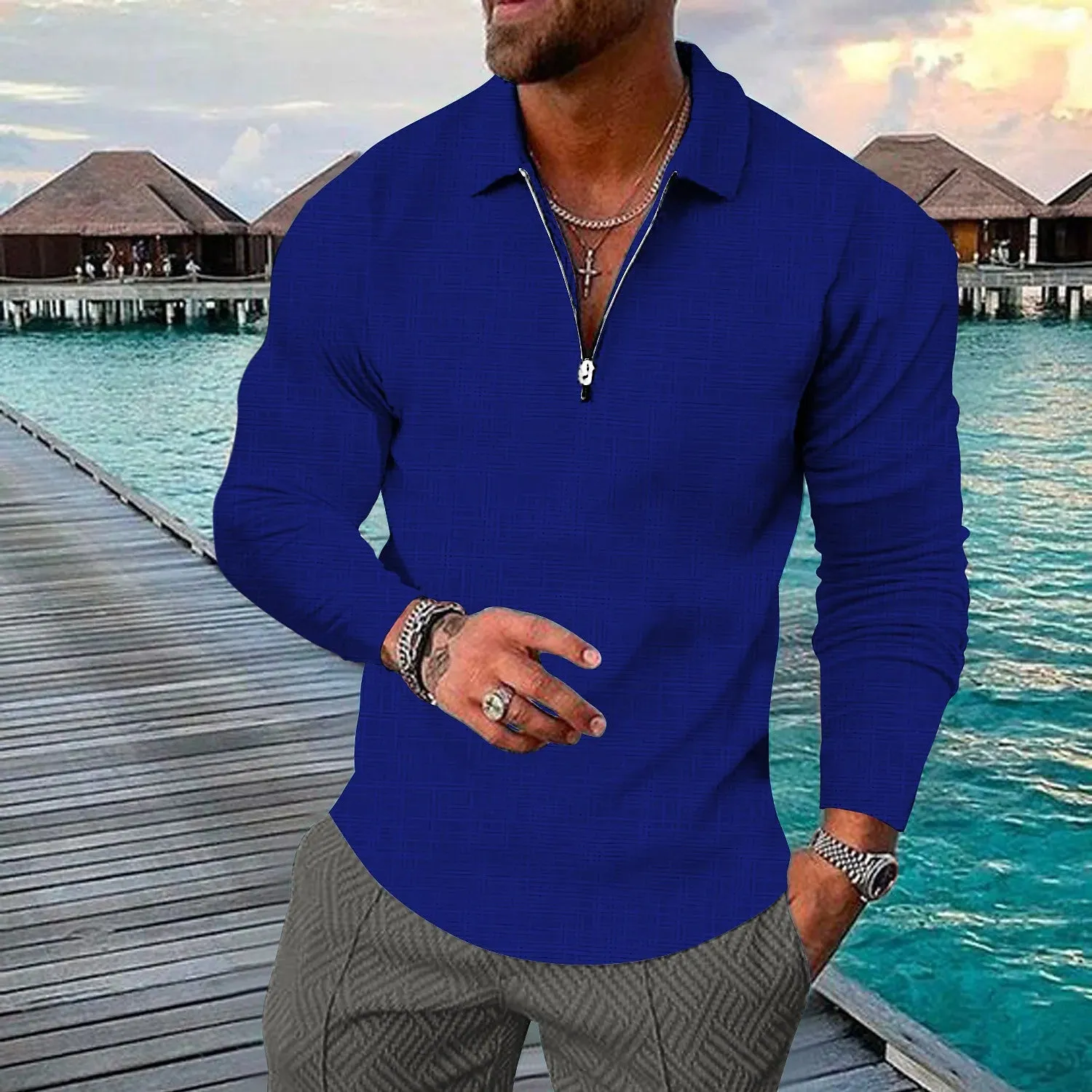 Riolio Spring Men's plus Size S-5XL British Style Casual Polo Long Sleeve Solid Color