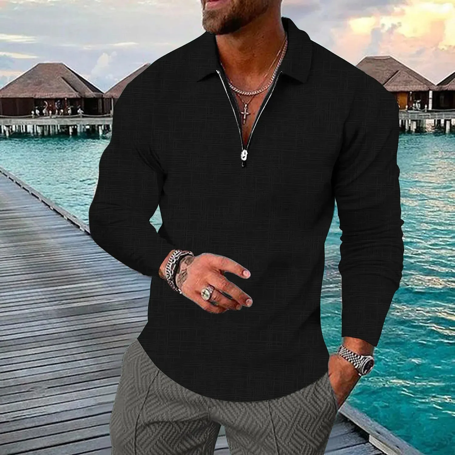 Riolio Spring Men's plus Size S-5XL British Style Casual Polo Long Sleeve Solid Color