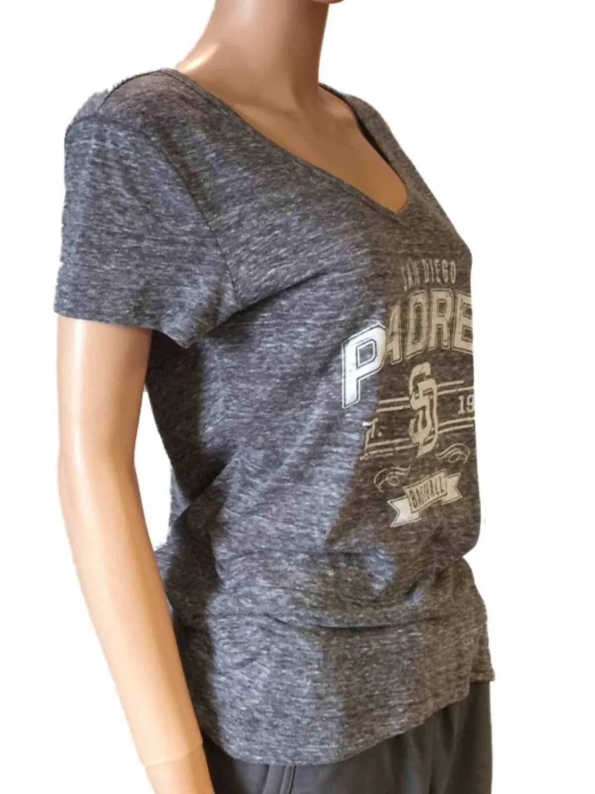 San Diego Padres SAAG Women Gray Loose Soft Baseball V-Neck T-Shirt