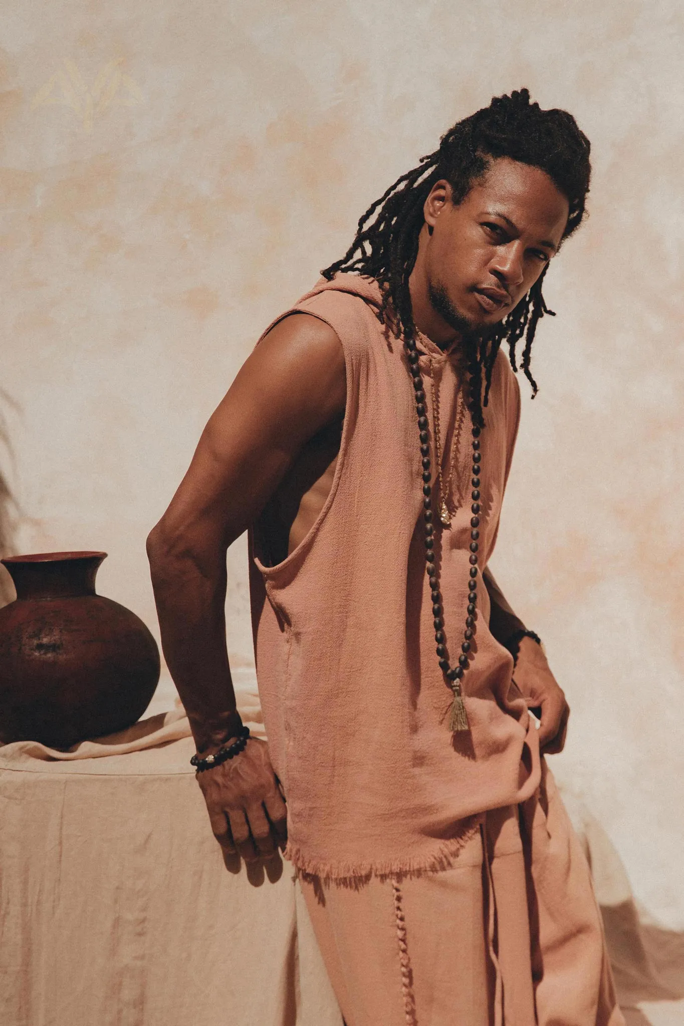 Sandalwood Colour Handwoven Cotton Sleeveless Hoody for Men