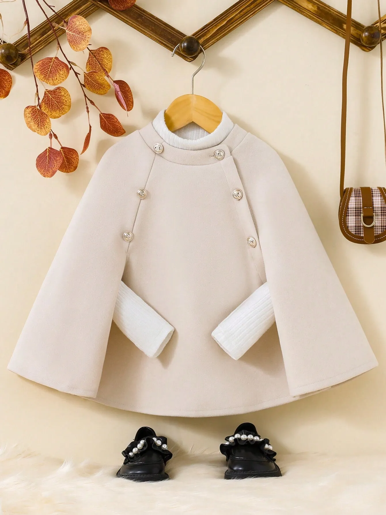 SHEIN Young Girl Contrast Trim Cloak Sleeve Double Breasted Cape Overcoat FD
