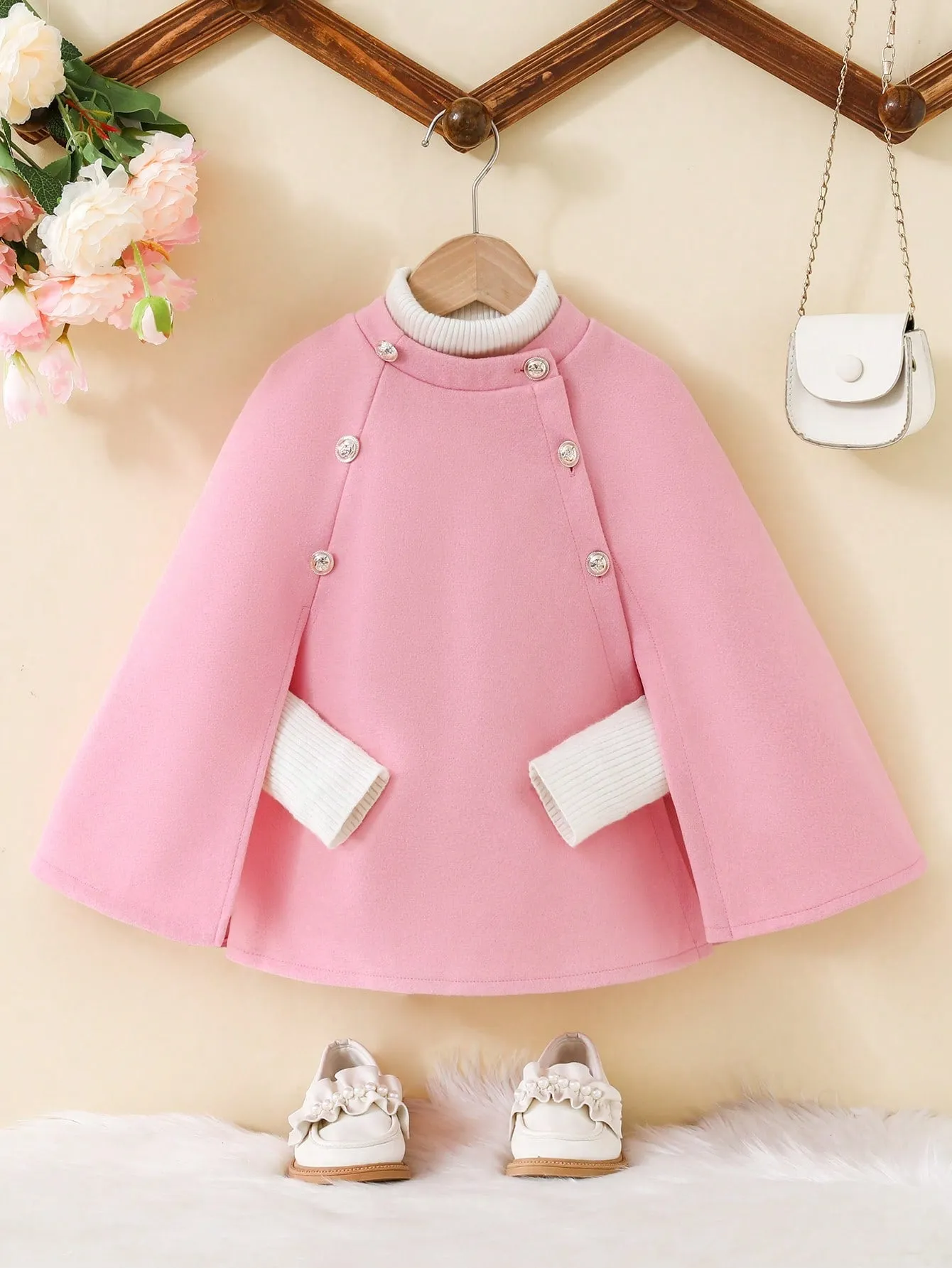 SHEIN Young Girl Contrast Trim Cloak Sleeve Double Breasted Cape Overcoat FD