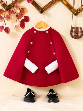 SHEIN Young Girl Contrast Trim Cloak Sleeve Double Breasted Cape Overcoat FD