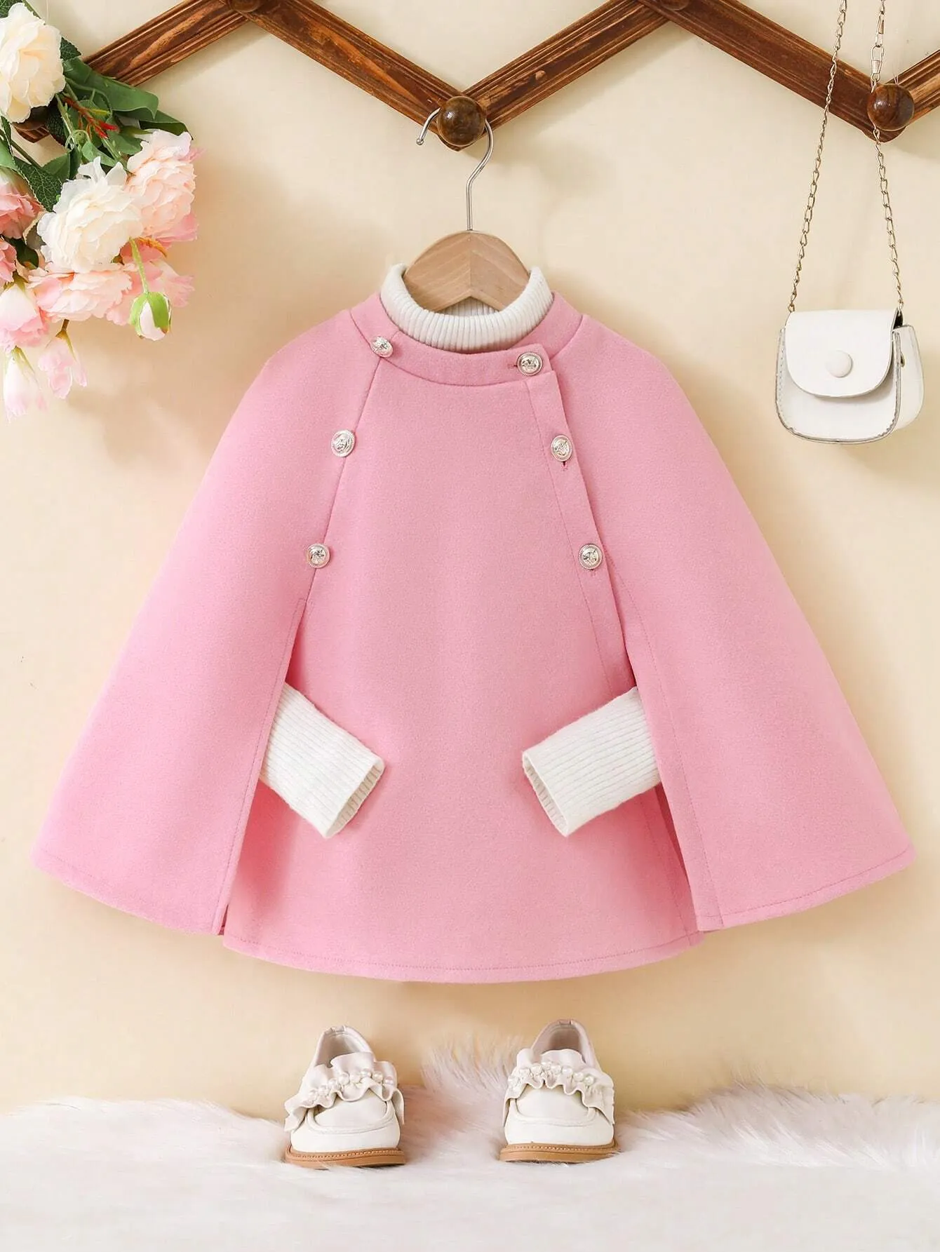 SHEIN Young Girl Contrast Trim Cloak Sleeve Double Breasted Cape Overcoat FD
