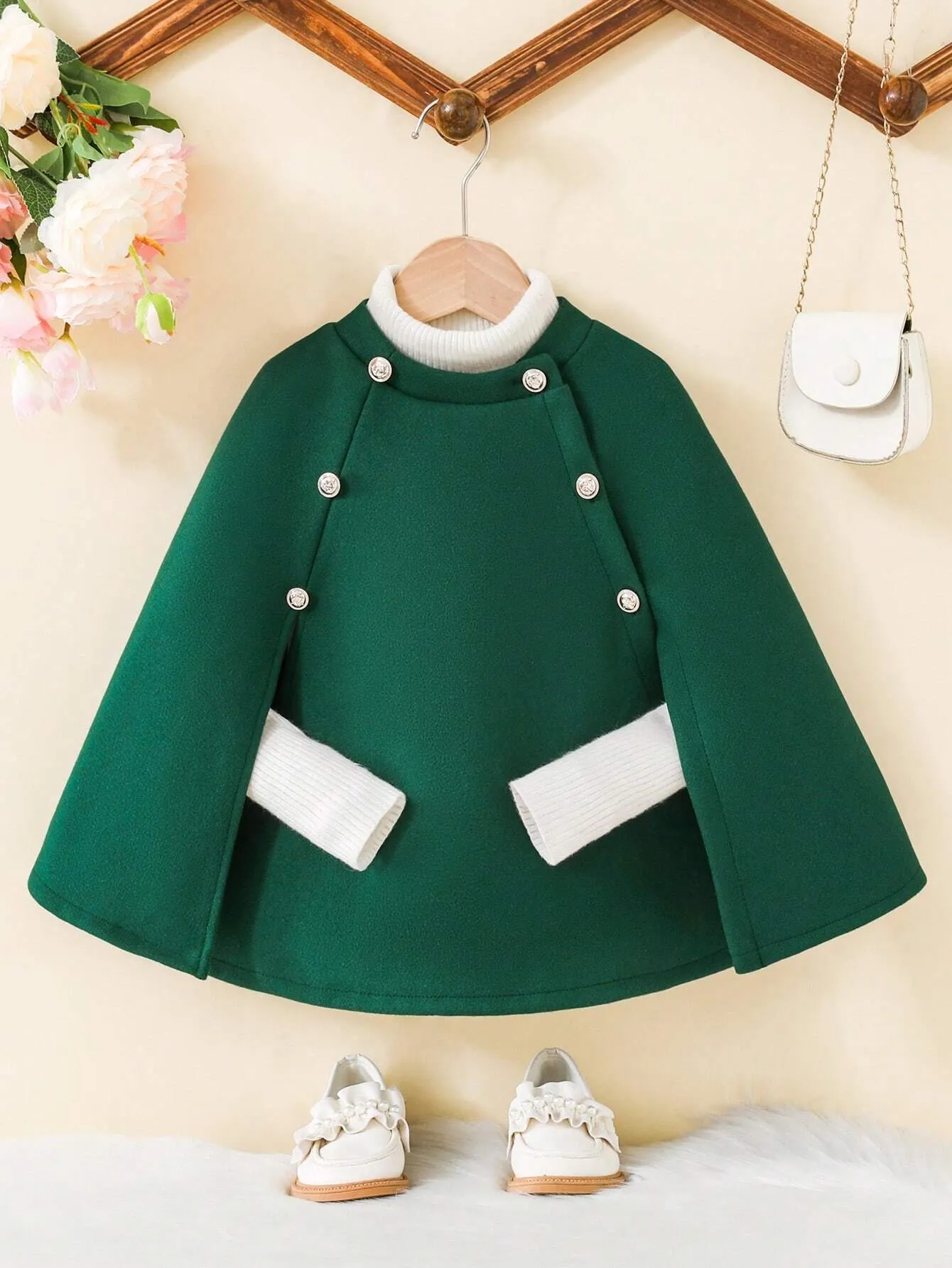 SHEIN Young Girl Contrast Trim Cloak Sleeve Double Breasted Cape Overcoat FD