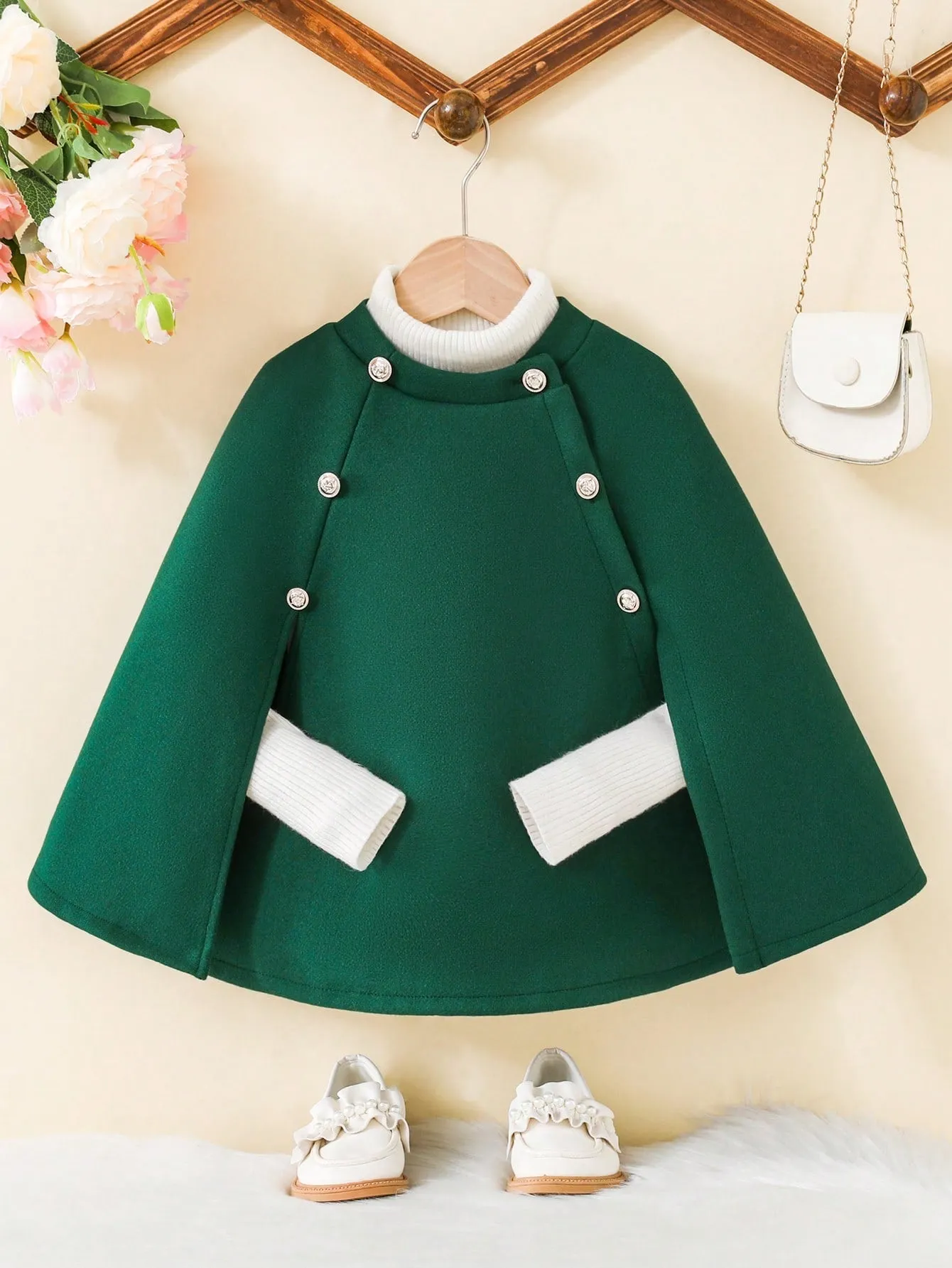 SHEIN Young Girl Contrast Trim Cloak Sleeve Double Breasted Cape Overcoat FD