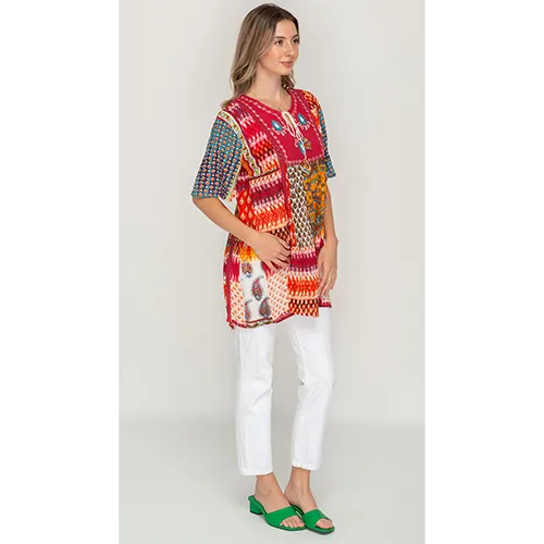 Short Sleeve Multicolor Printed Tunic Dress For Women