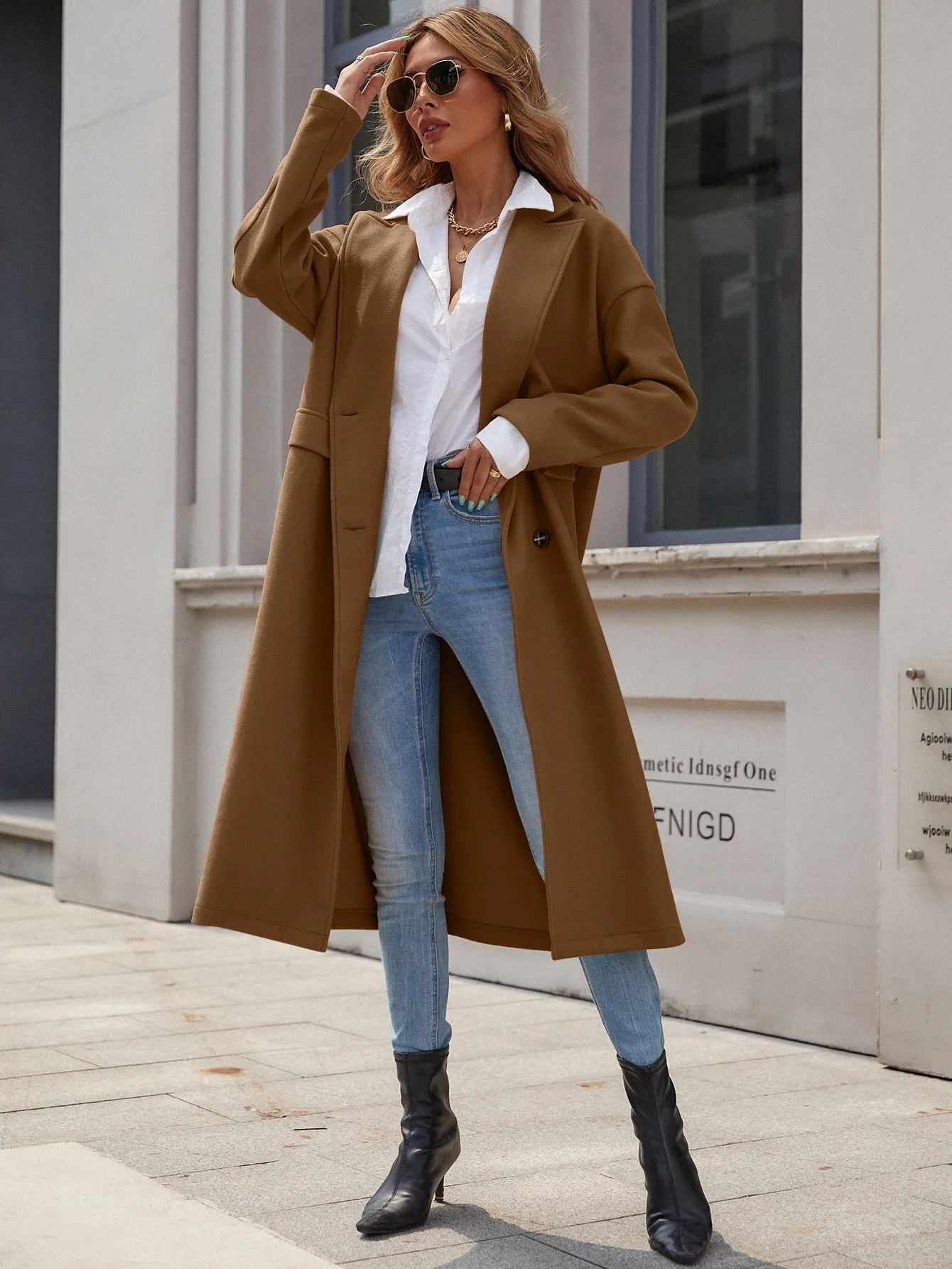 Solid Lapel Collar Double Breasted Flap Detail Overcoat