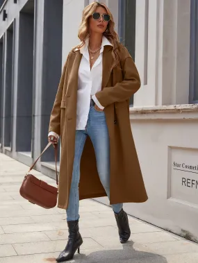 Solid Lapel Collar Double Breasted Flap Detail Overcoat