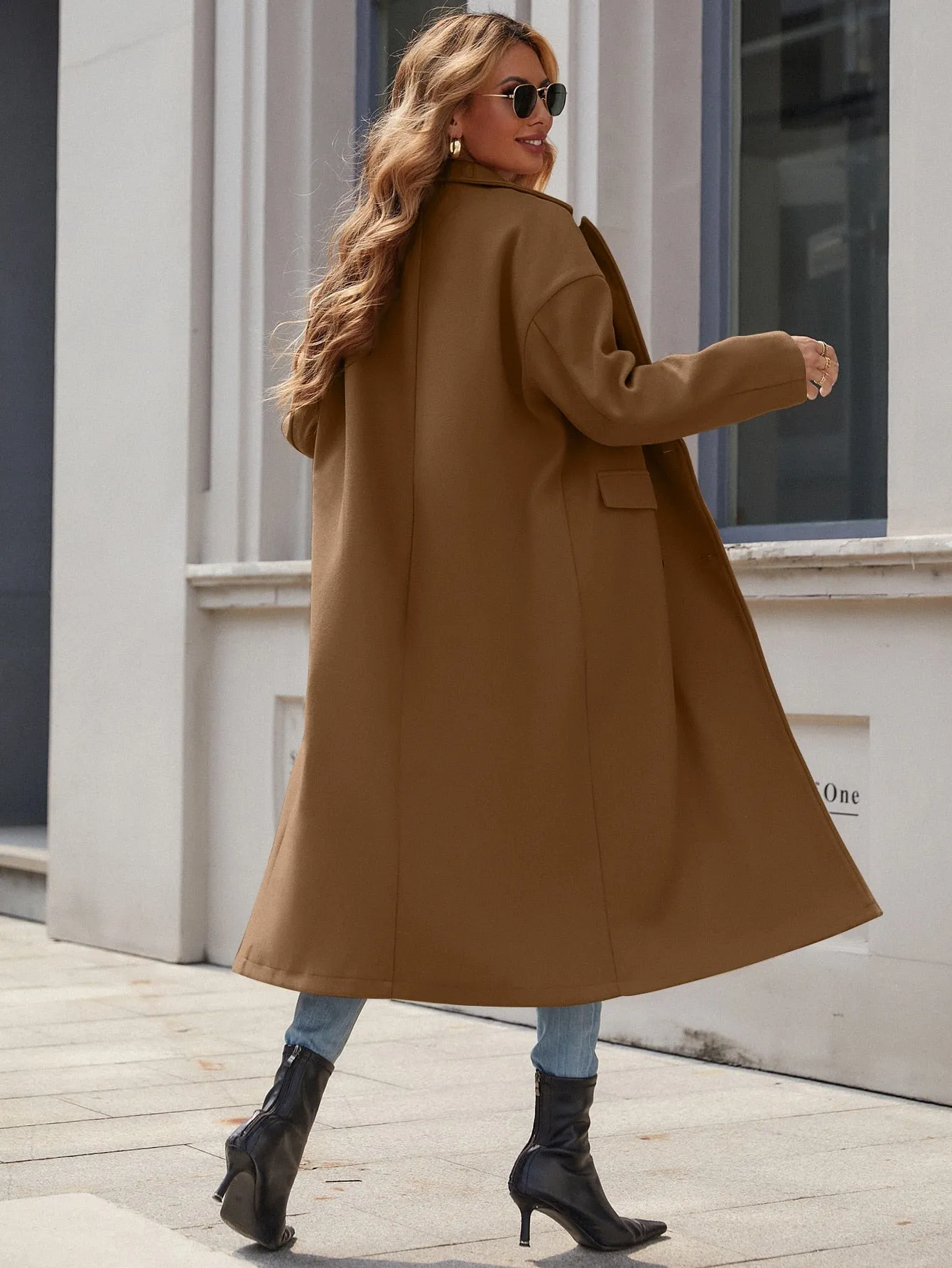 Solid Lapel Collar Double Breasted Flap Detail Overcoat