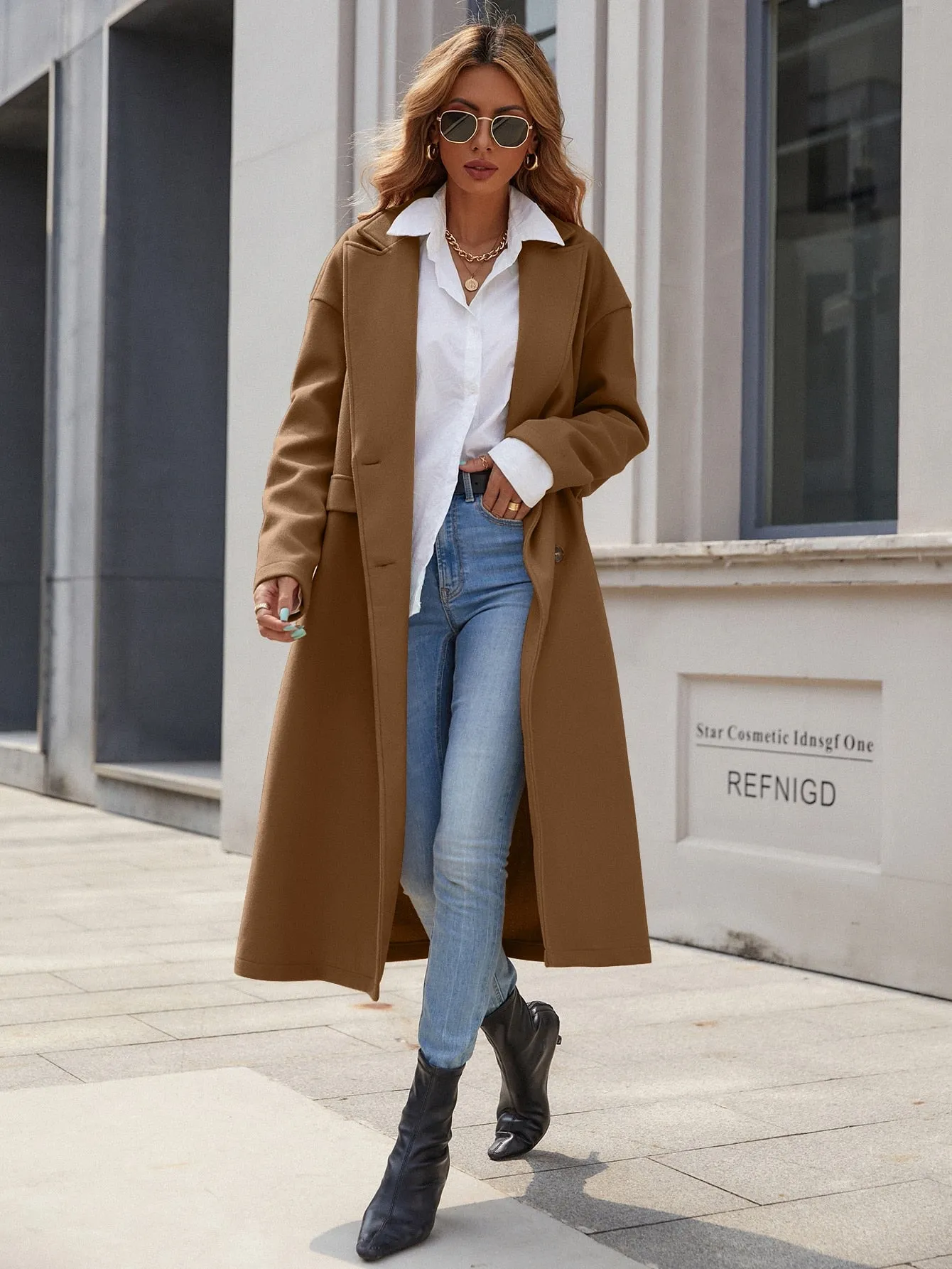 Solid Lapel Collar Double Breasted Flap Detail Overcoat